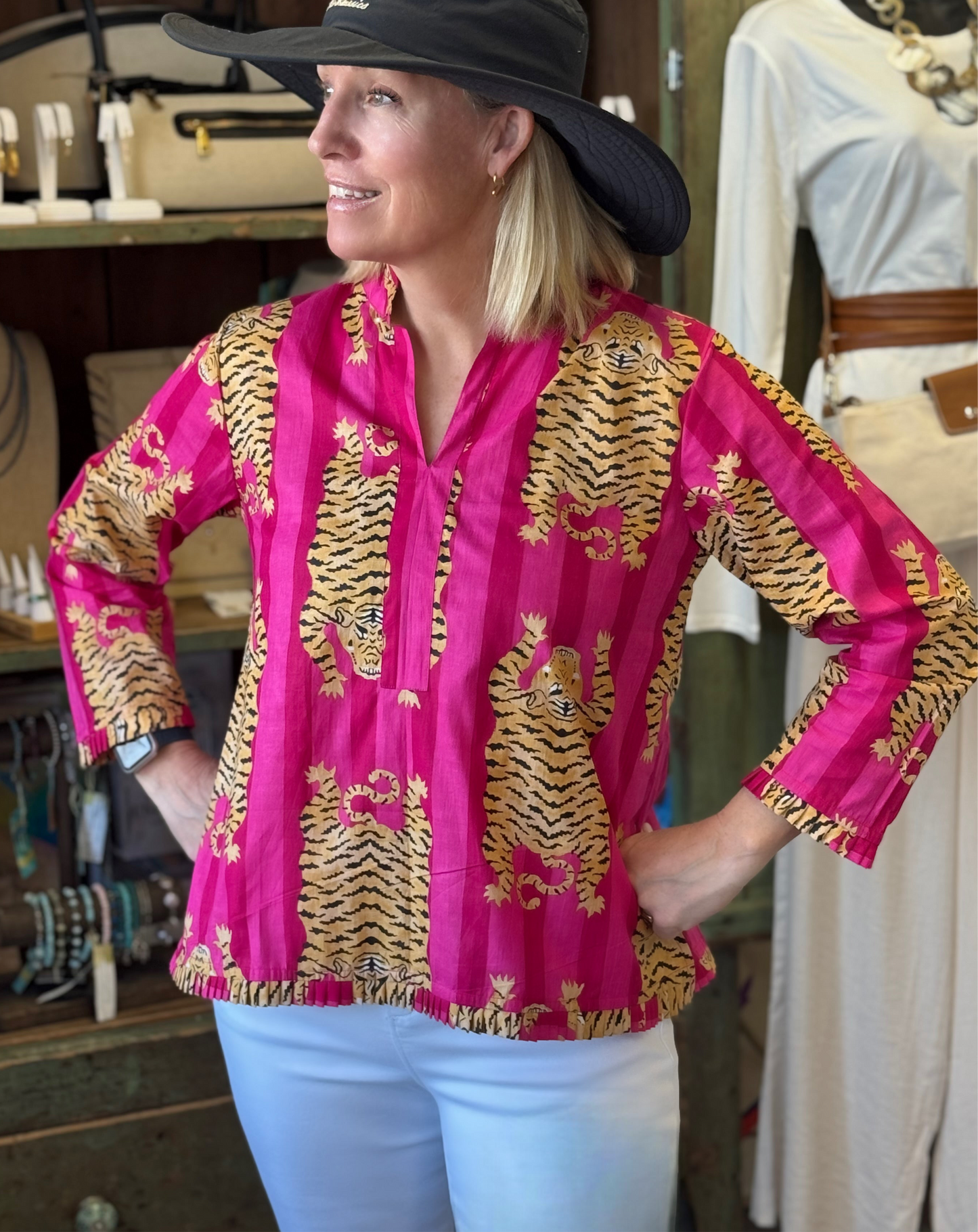 Signature Mb Tunic in Hot Pink Stripe with Tigers HandBlock Print