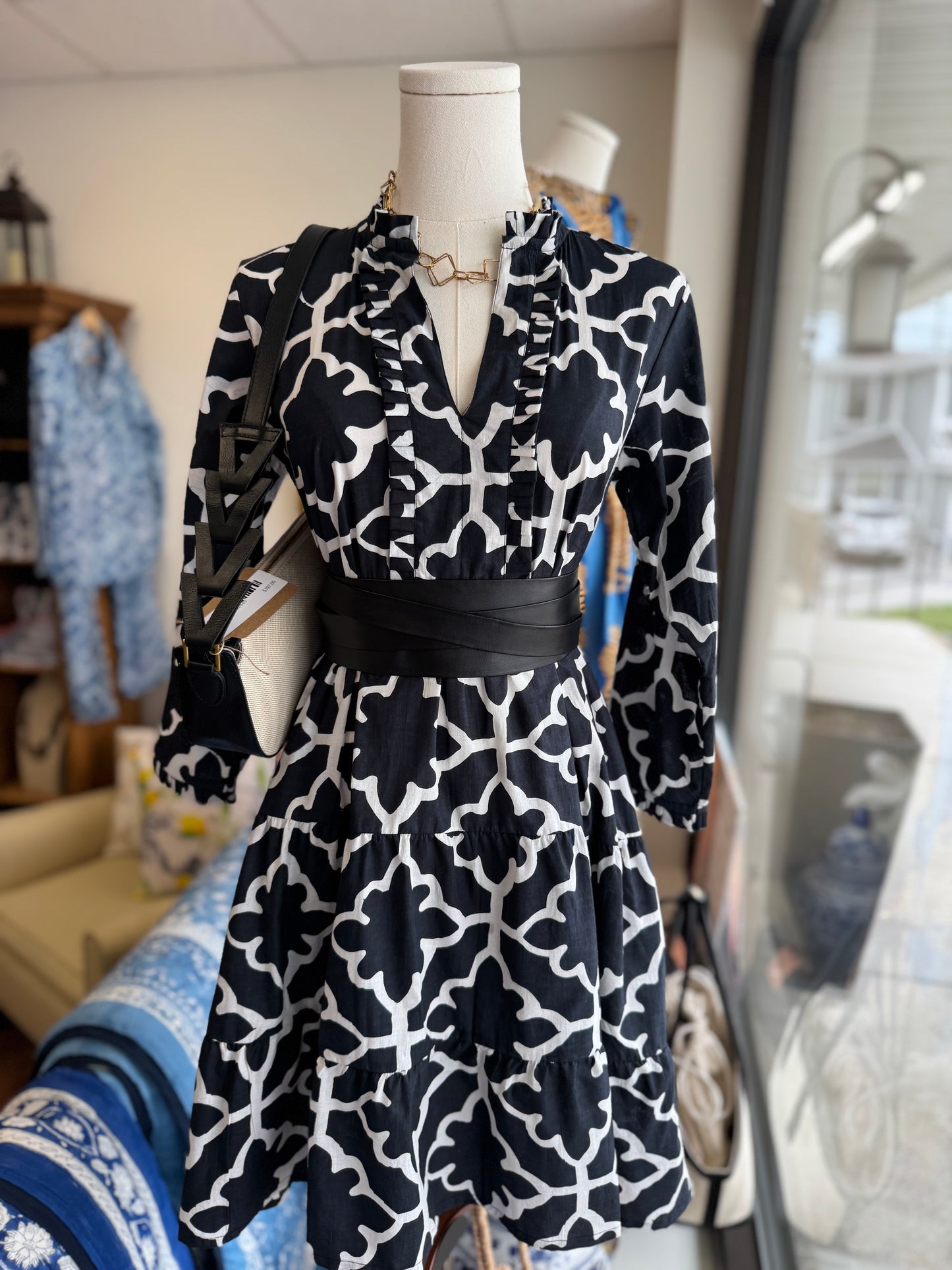 Charlotte Short Dress in Black & White Hand Block Print