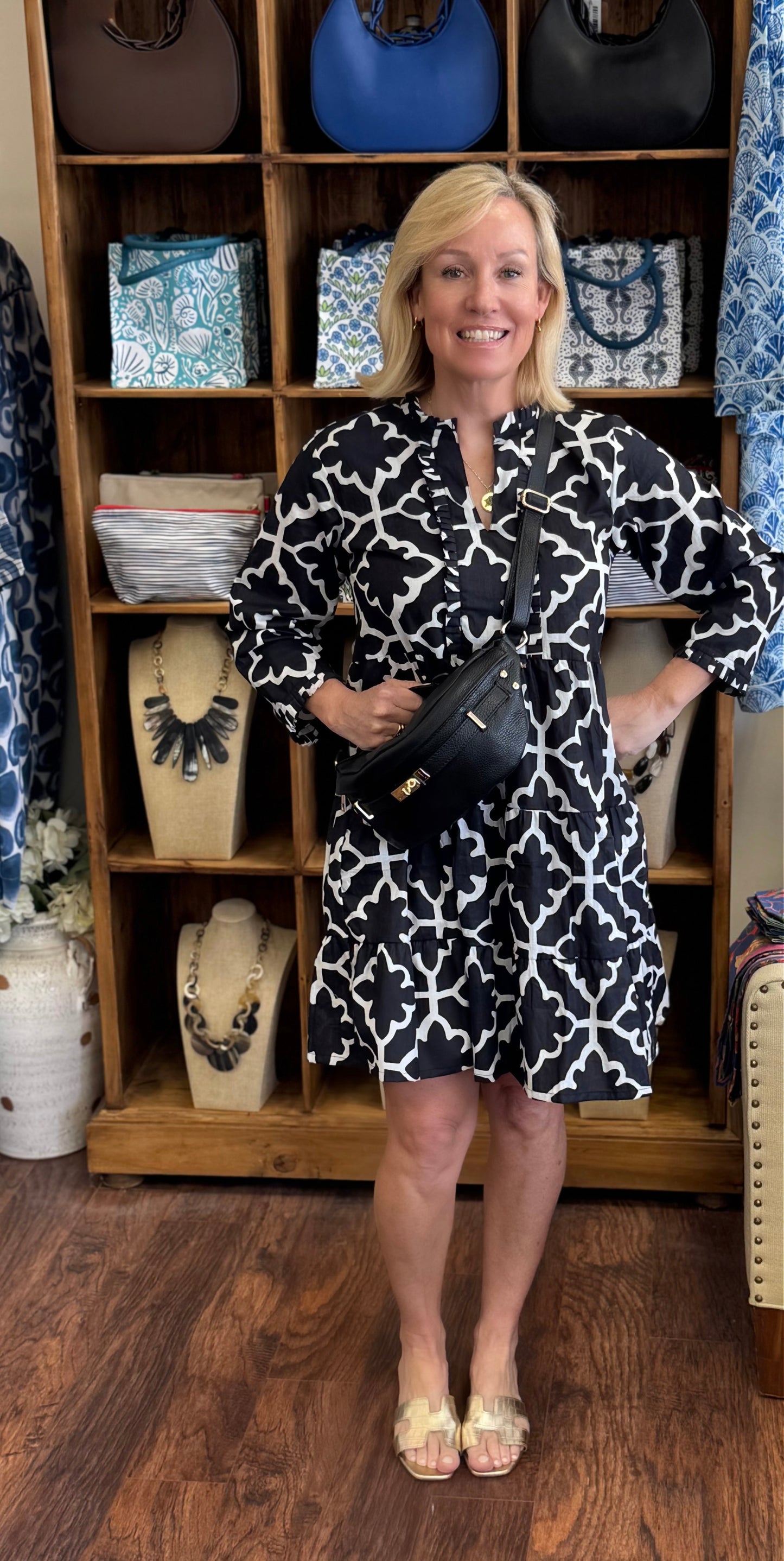 Charlotte Short Dress in Black & White Hand Block Print