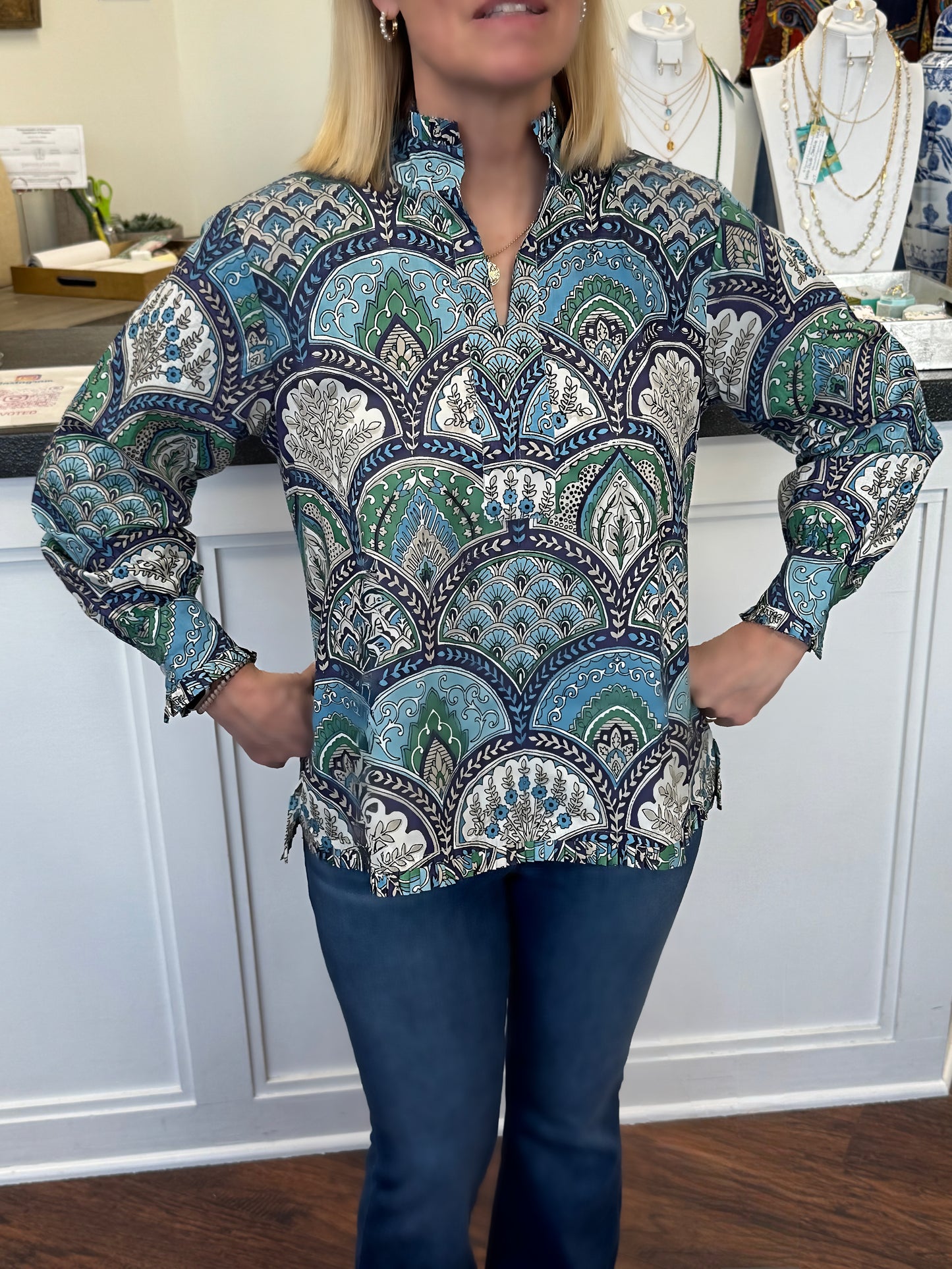 MB Signature Tunic Long Sleeve in Blue Geometric Hand Block Print