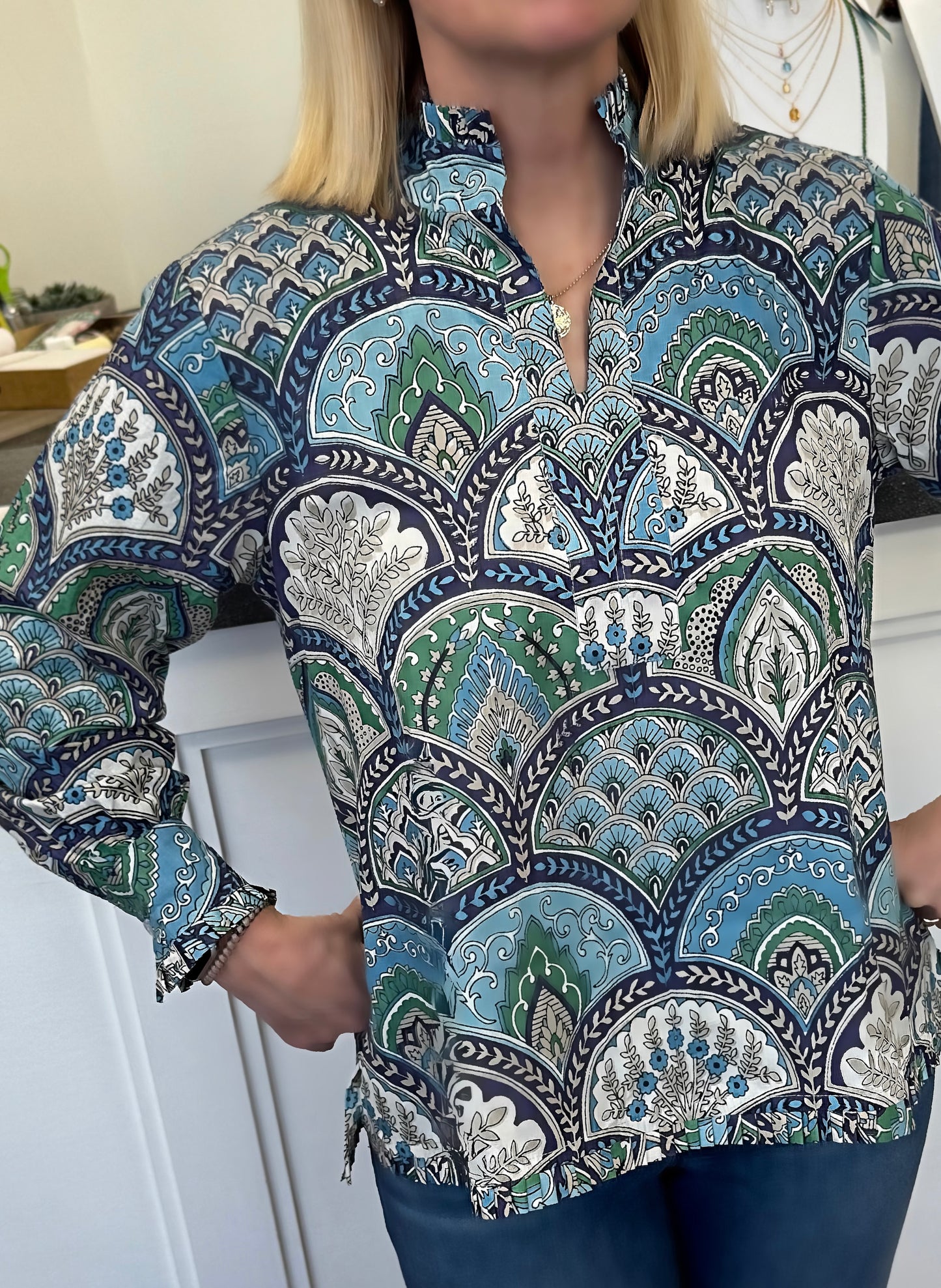 MB Signature Tunic Long Sleeve in Blue Geometric Hand Block Print