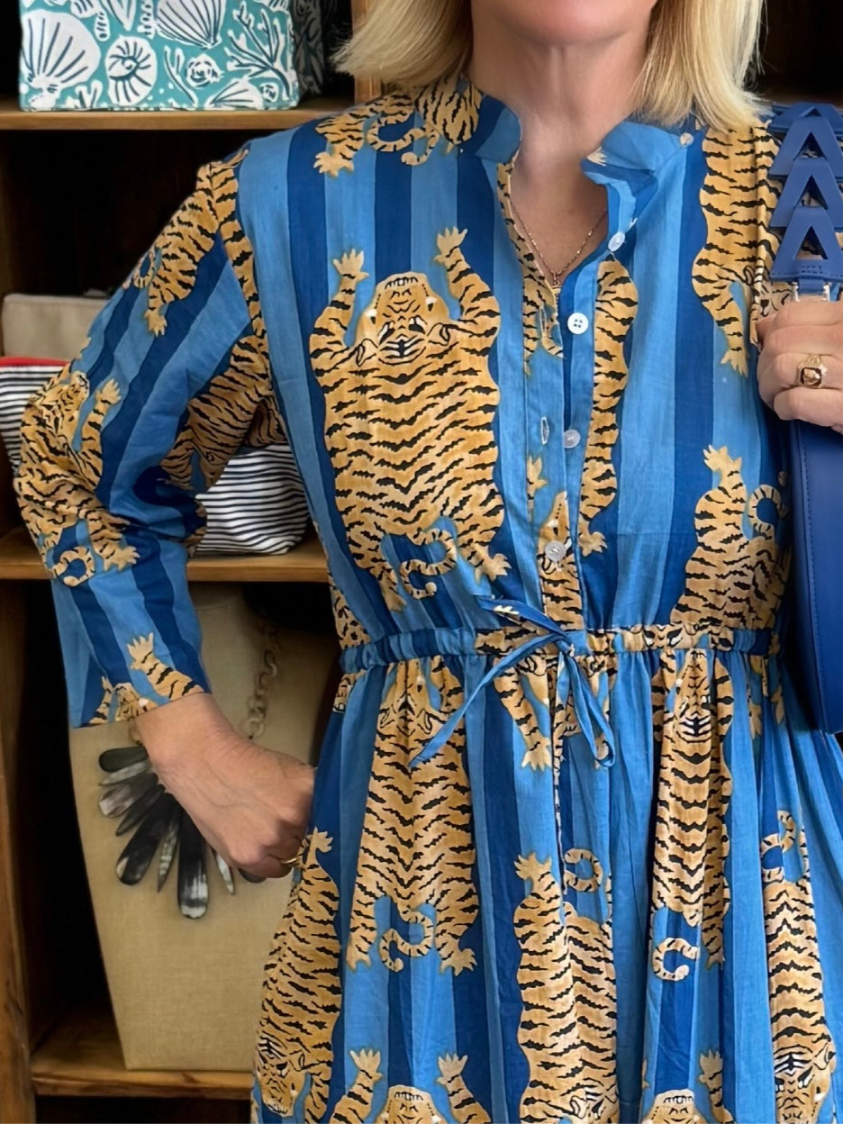 Sandy Cinch in Blue Stripes And Gold Tiger Hand Block Prints