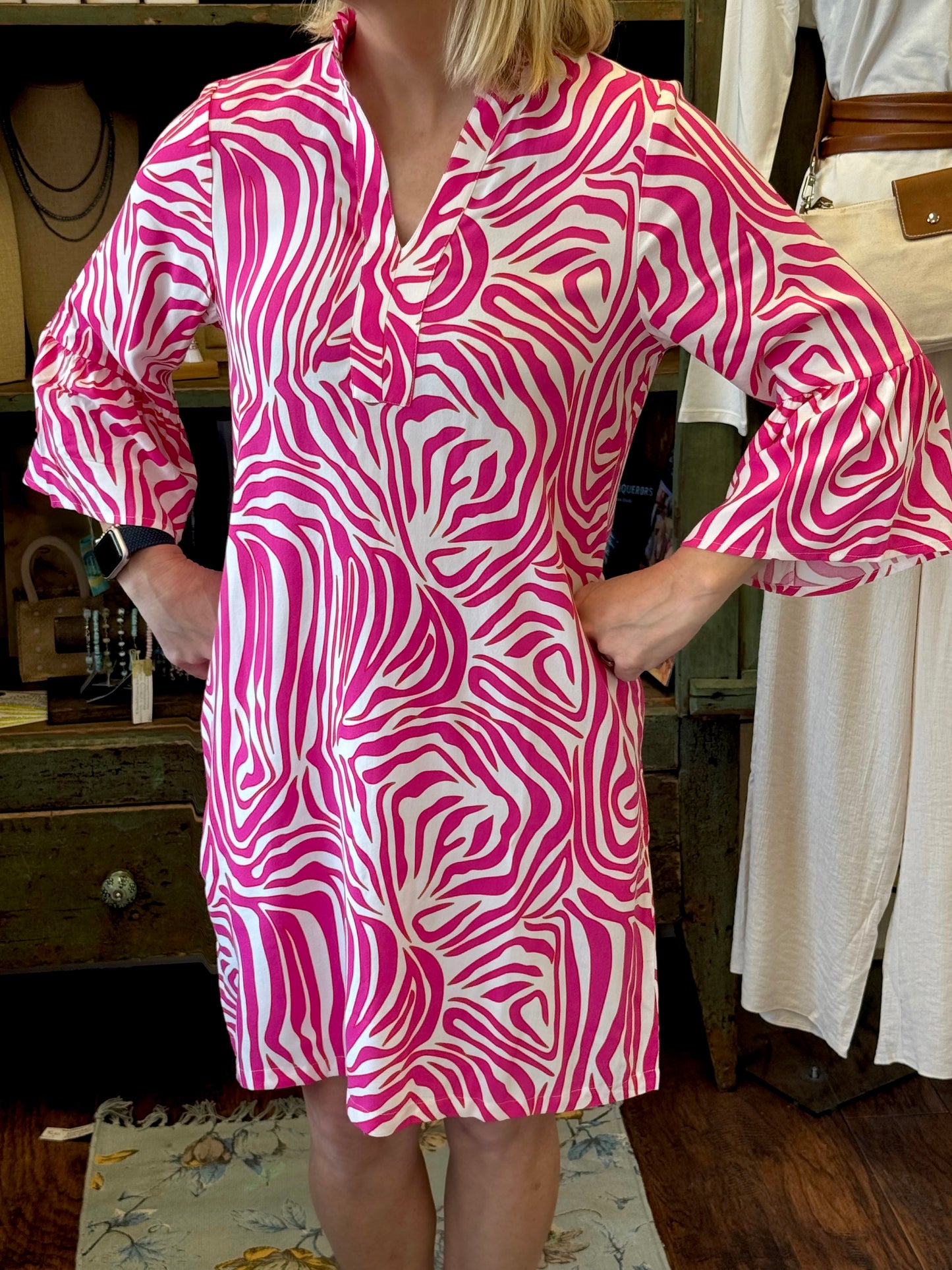 Pink Zebra Viscose Shift Dress with Bell Sleeve