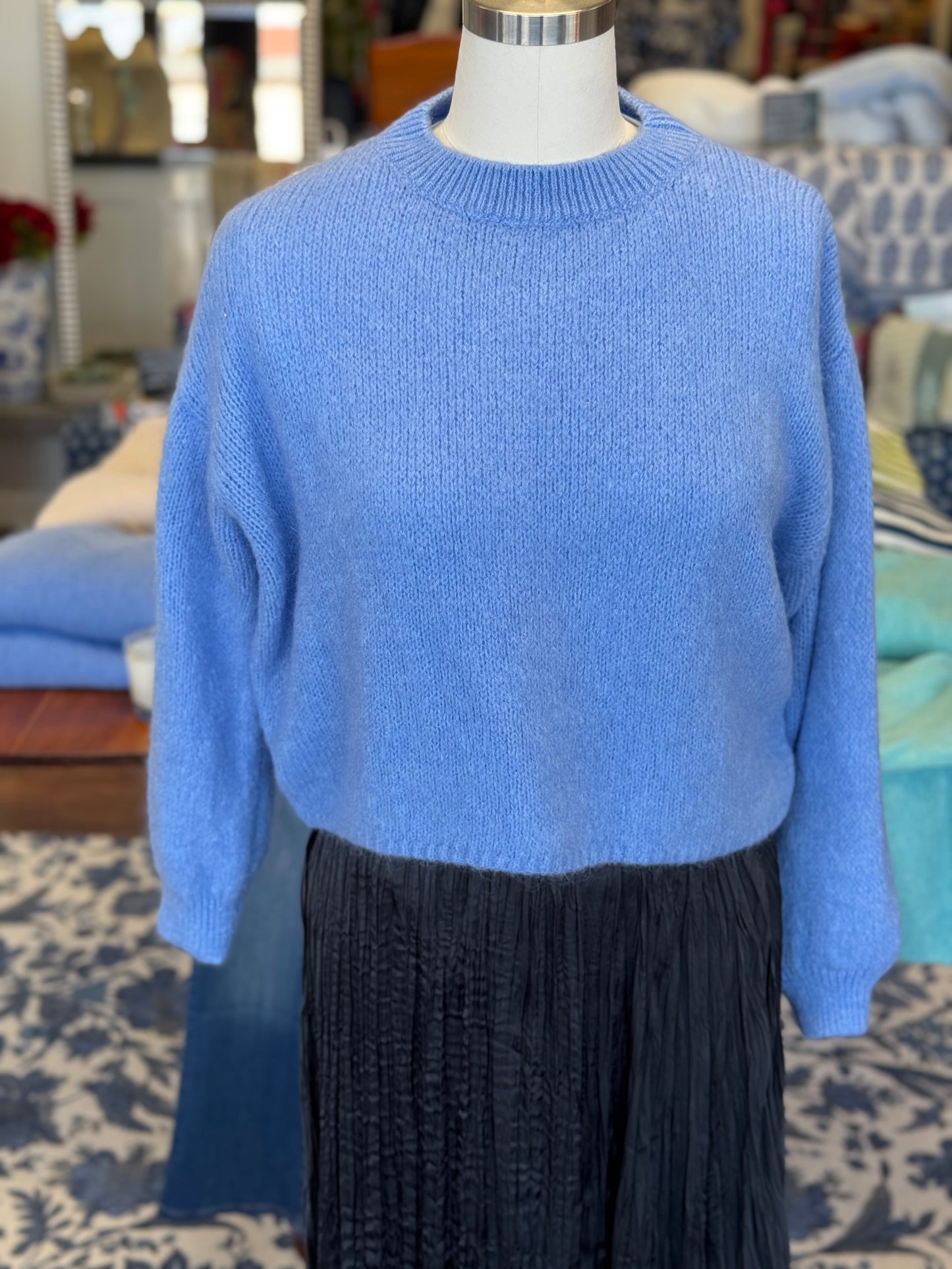 Cornflower Blue Crew Neck Kid Mohair & Wool Blend Short Sweater