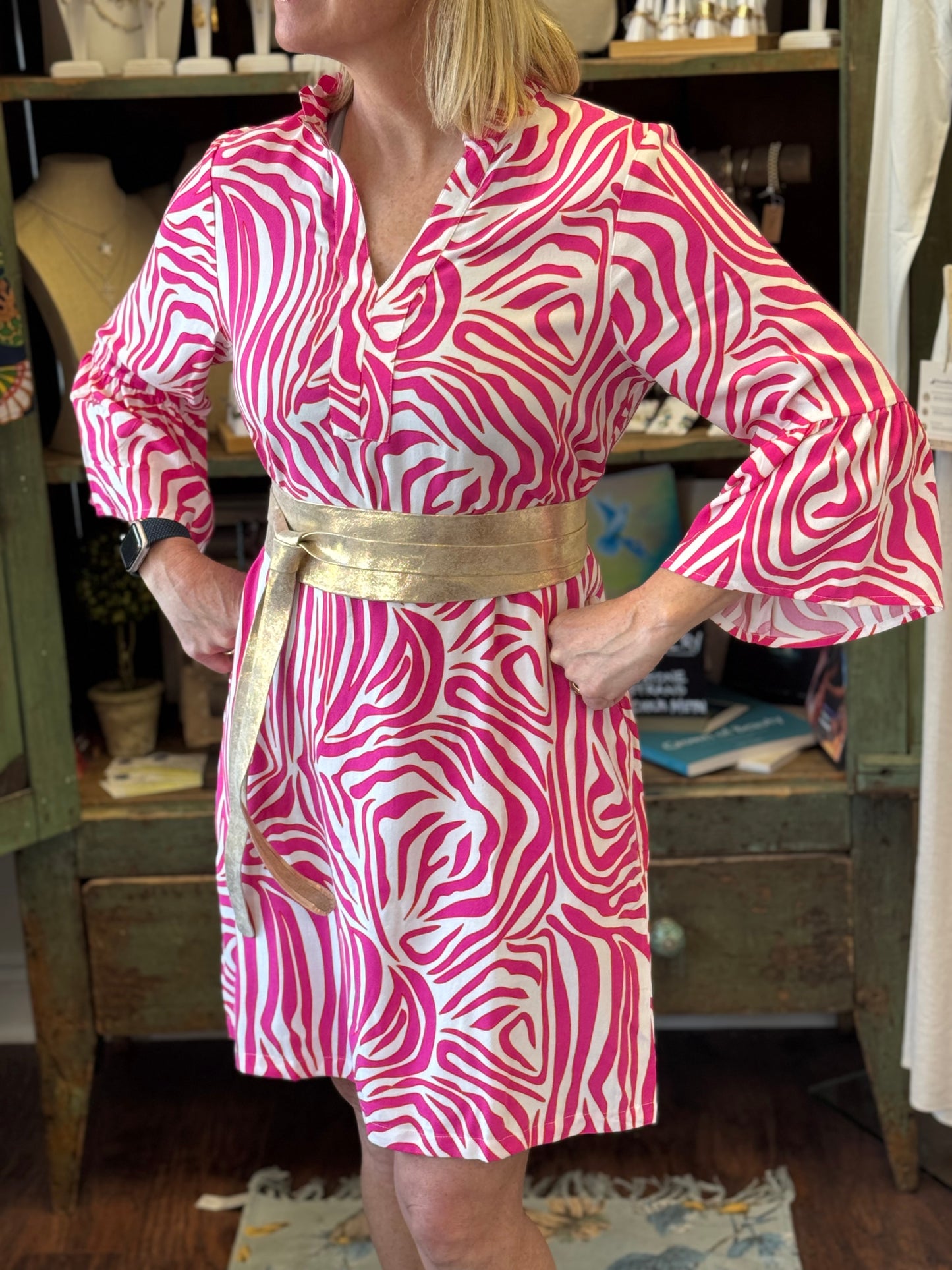 Pink Zebra Viscose Shift Dress with Bell Sleeve