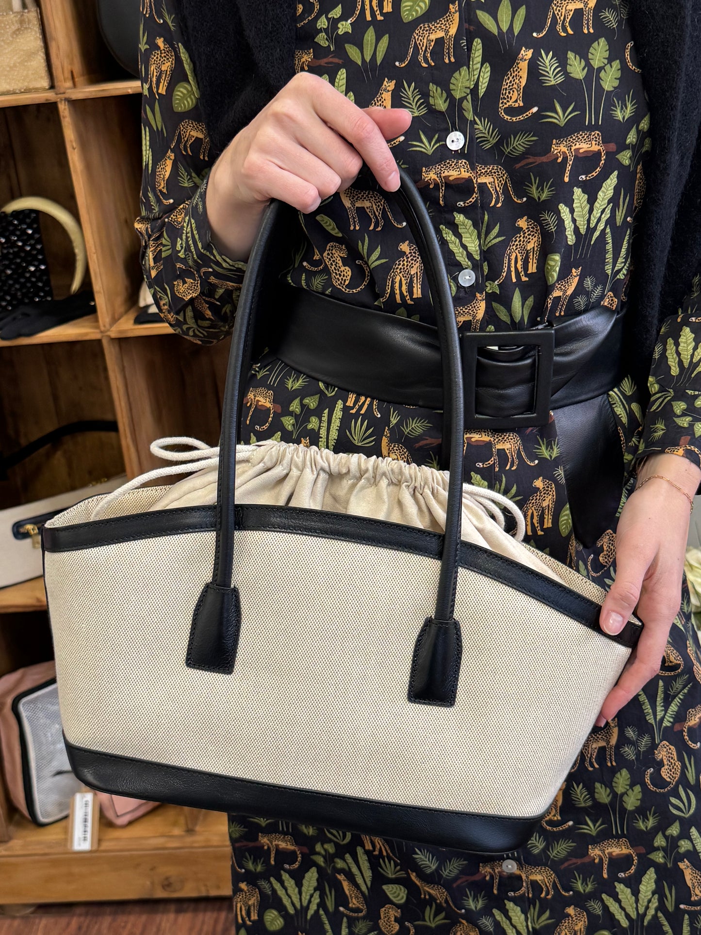 Tavo Canvas & Black Leather Shoulder Bag with Drawstring by JURGI