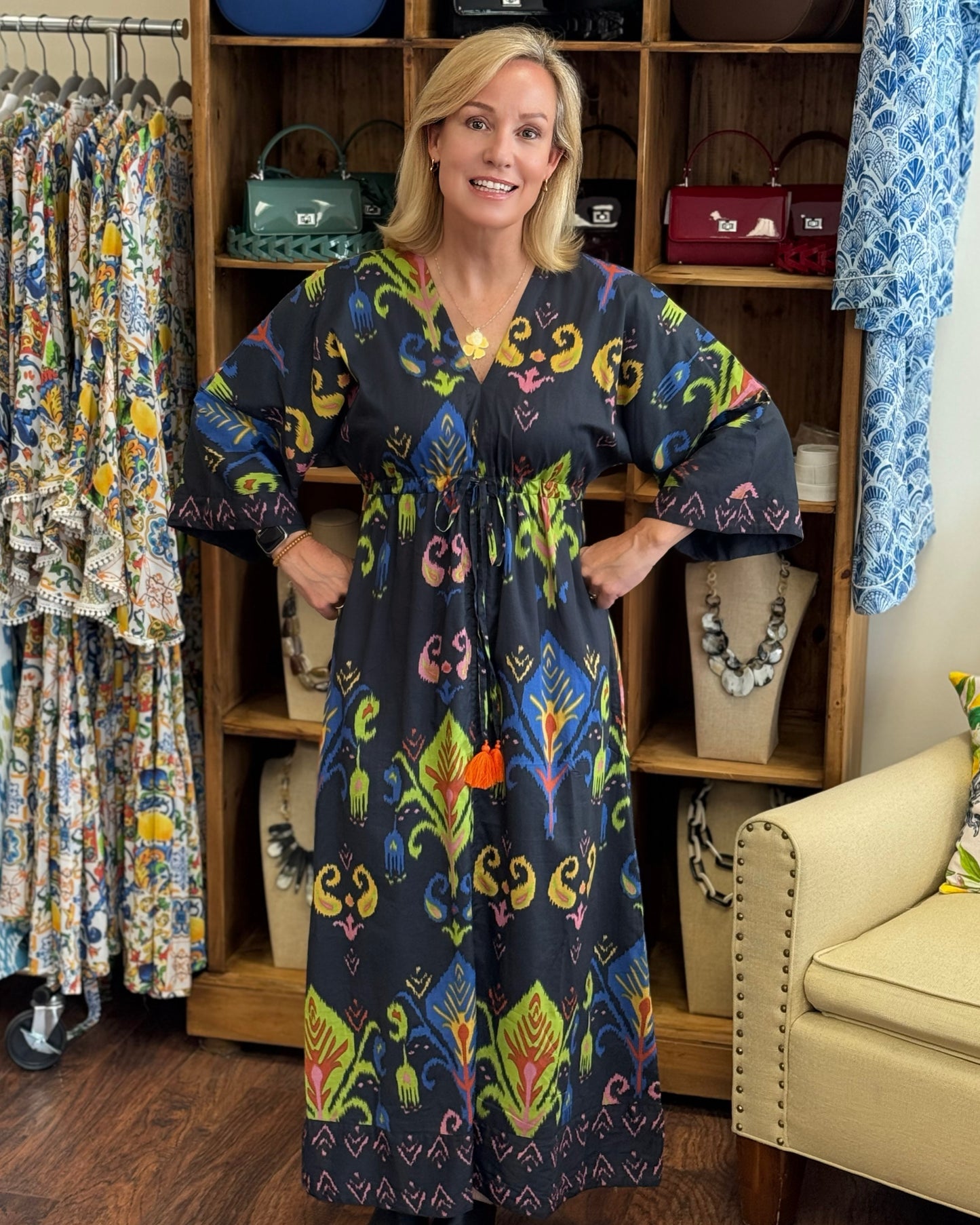 Black Colorful Ikaat Cinch Maxi Dress