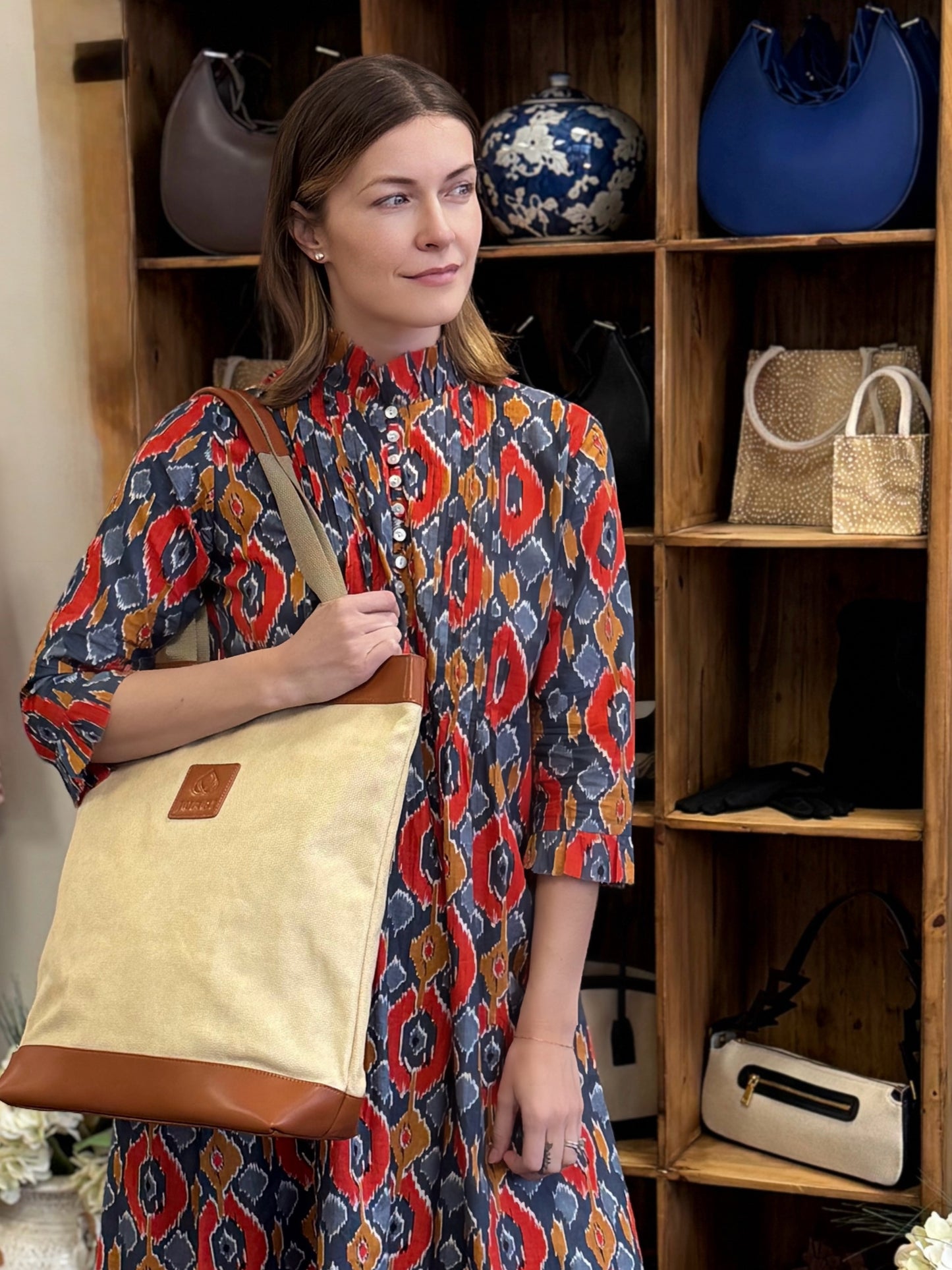 Courtney Boho Dress with Frayed Collar and Pleats in Warm Toned Ikat