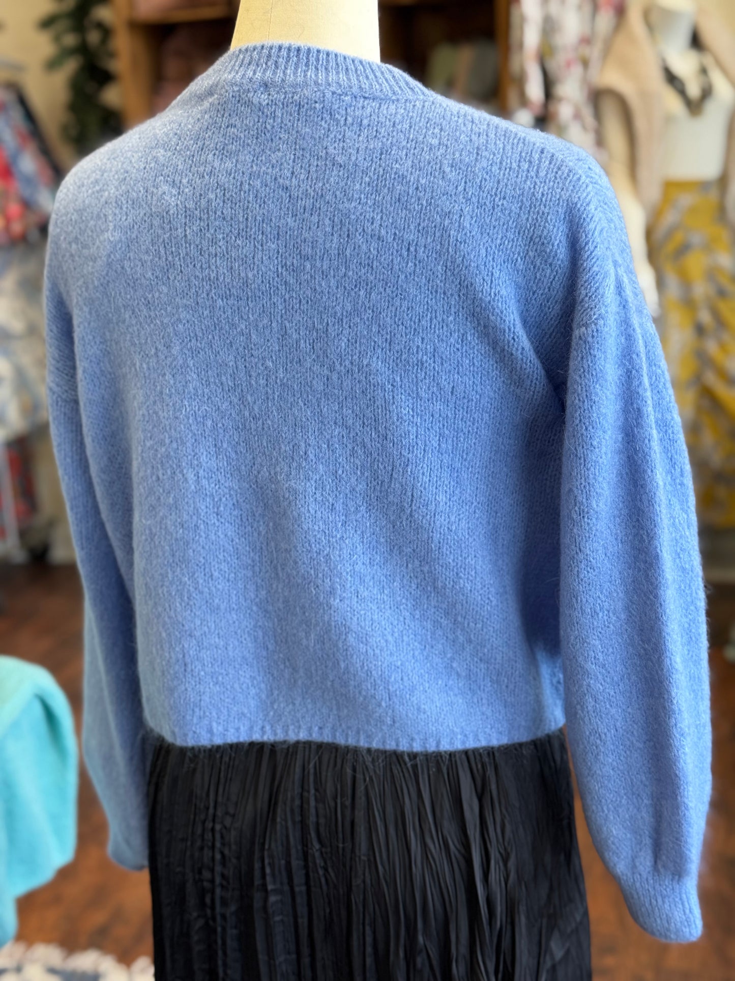 Cornflower Blue Crew Neck Kid Mohair & Wool Blend Short Sweater