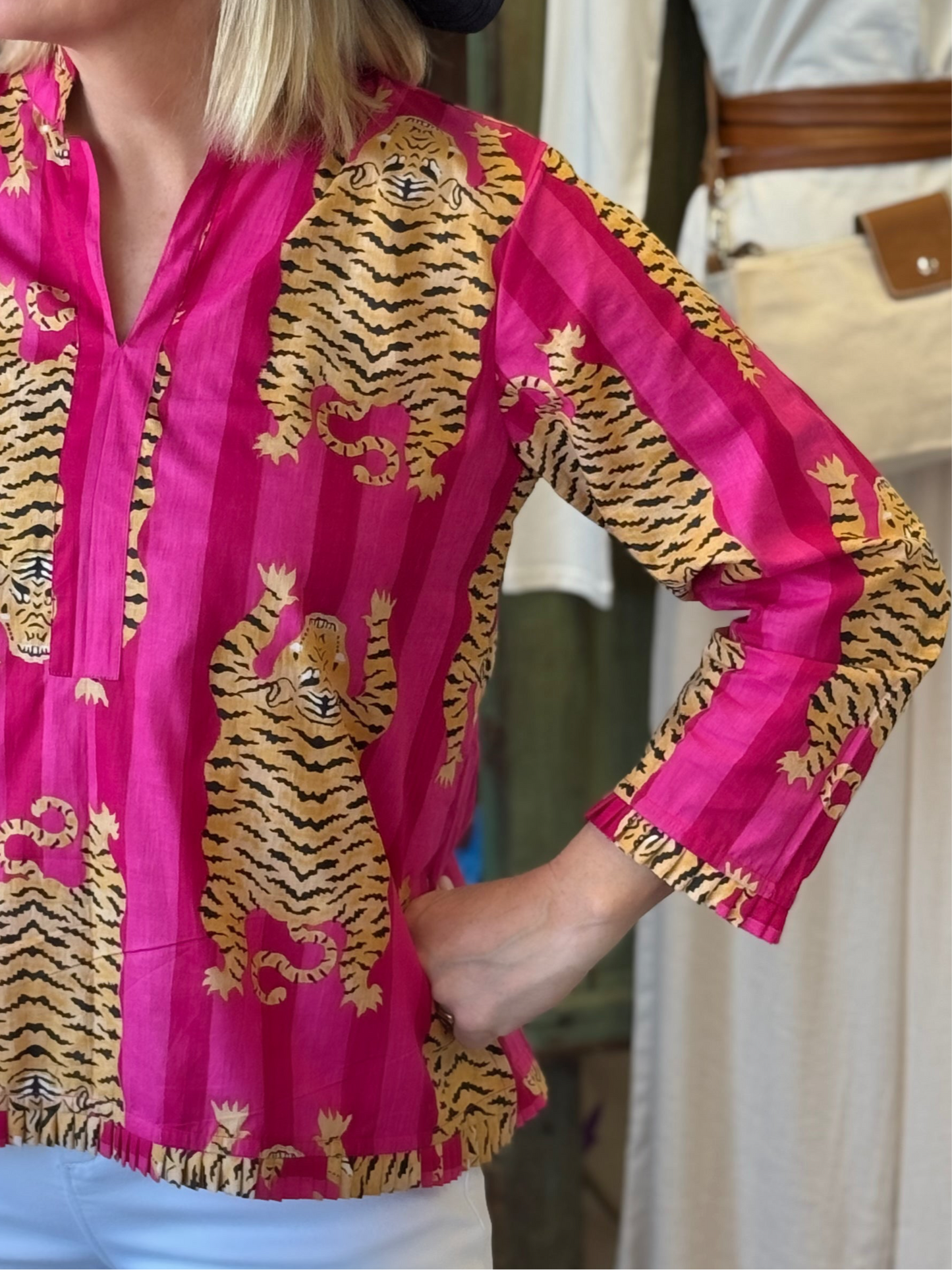 Signature Mb Tunic in Hot Pink Stripe with Tigers HandBlock Print
