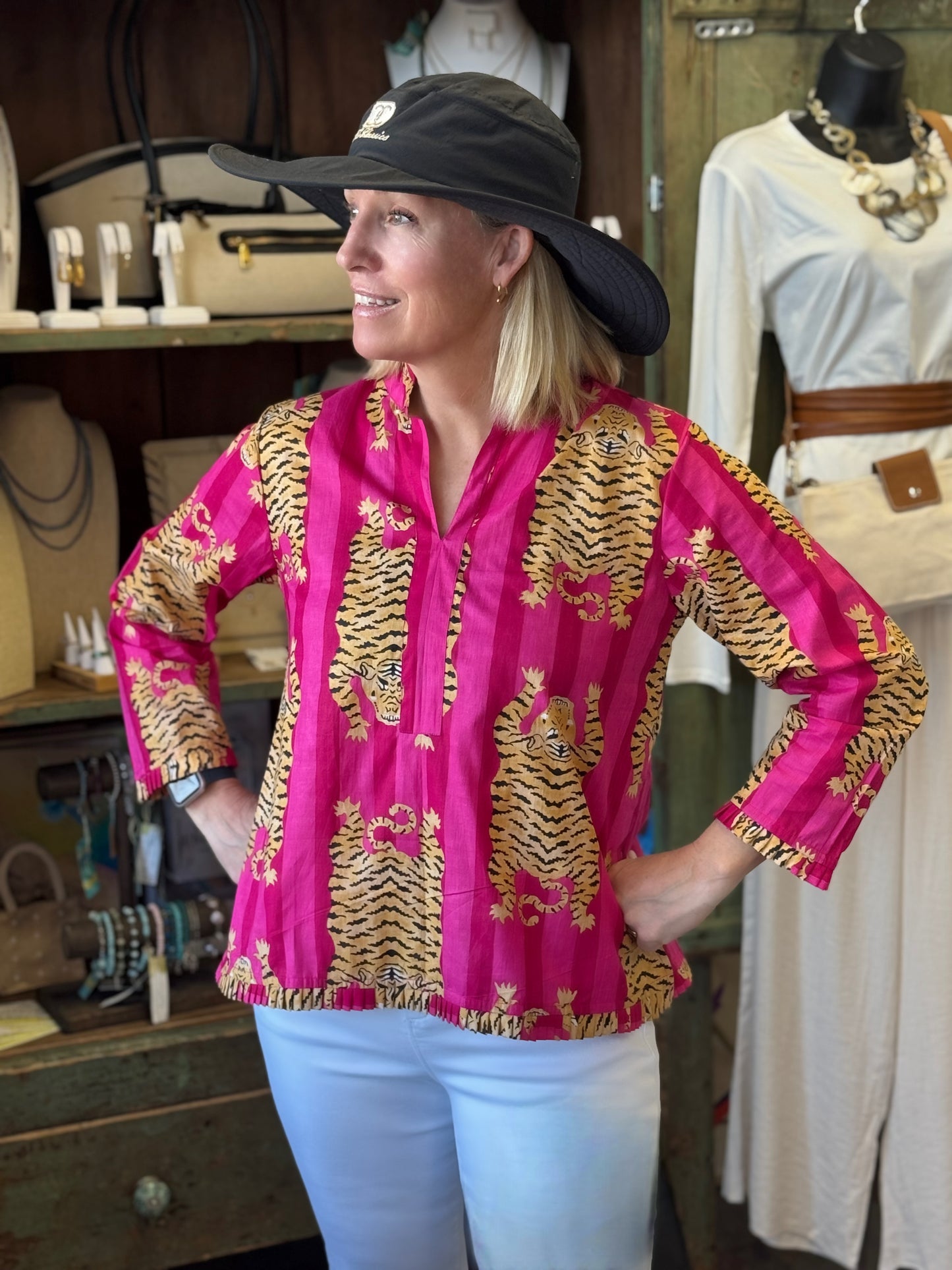 Signature Mb Tunic in Hot Pink Stripe with Tigers HandBlock Print