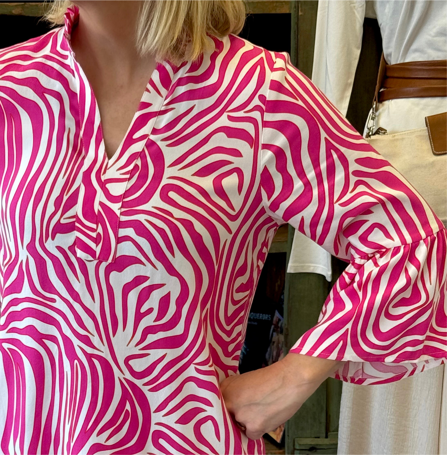 Pink Zebra Viscose Shift Dress with Bell Sleeve