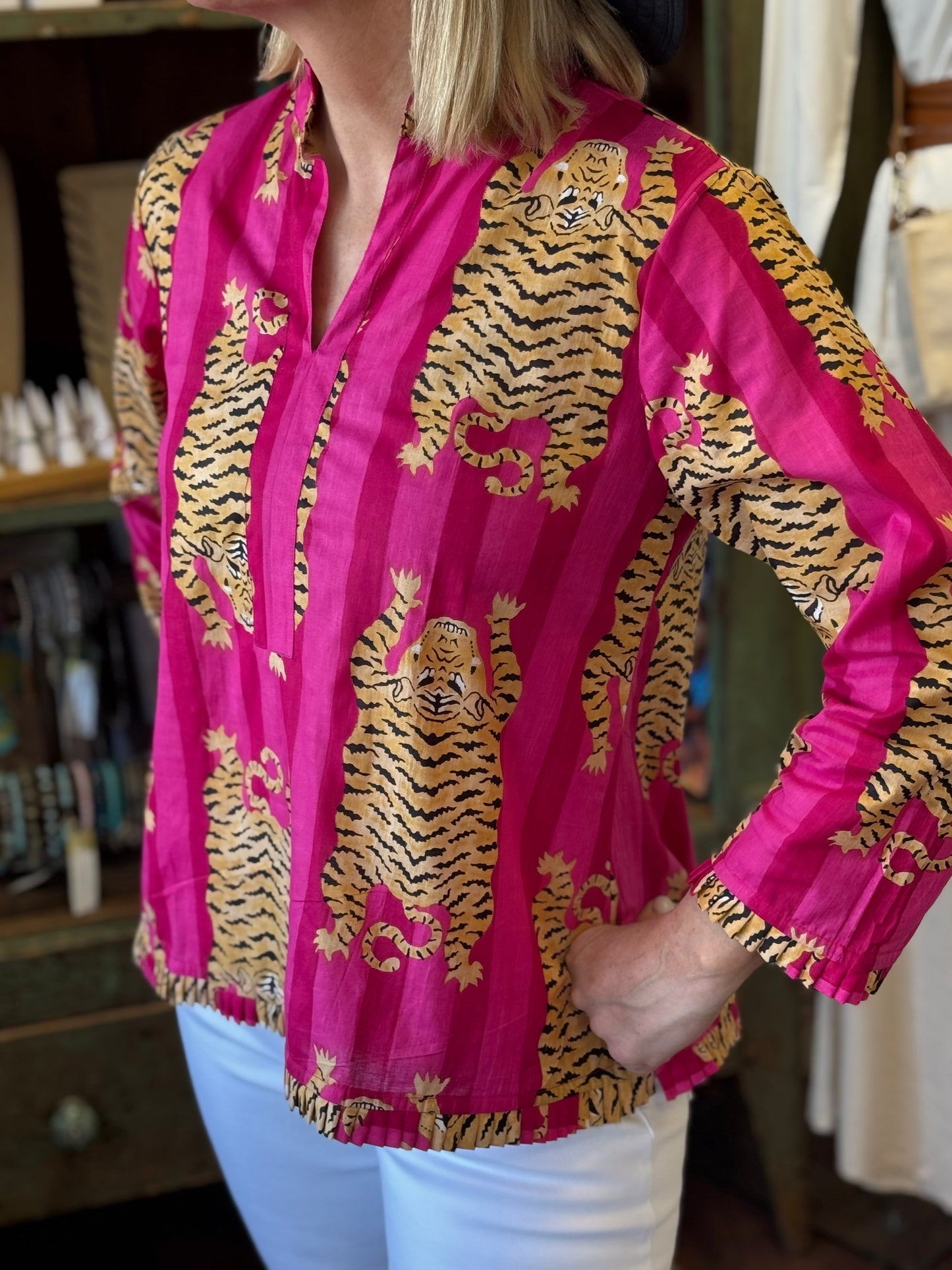Signature Mb Tunic in Hot Pink Stripe with Tigers HandBlock Print