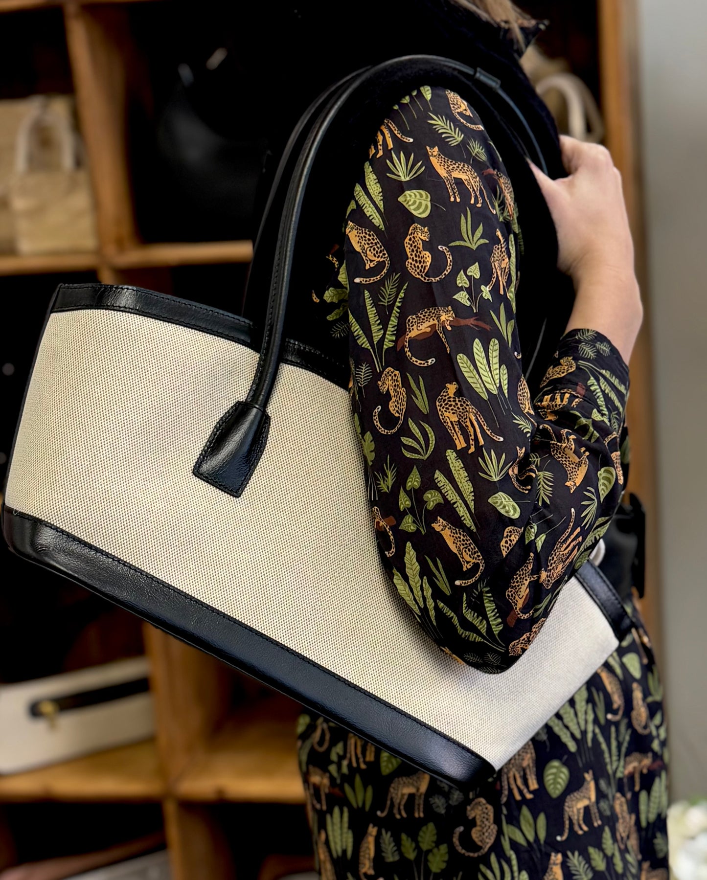 Tavo Canvas & Black Leather Shoulder Bag with Drawstring by JURGI