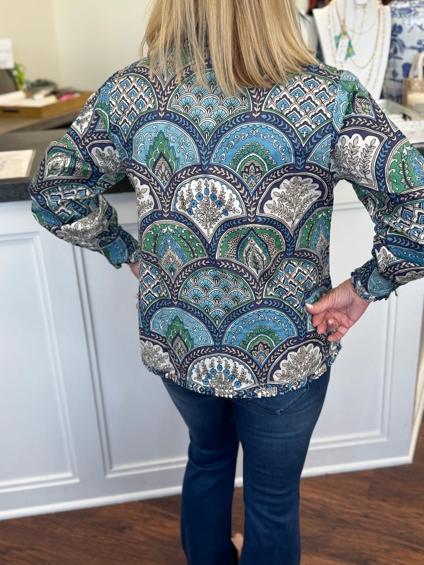 MB Signature Tunic Long Sleeve in Blue Geometric Hand Block Print