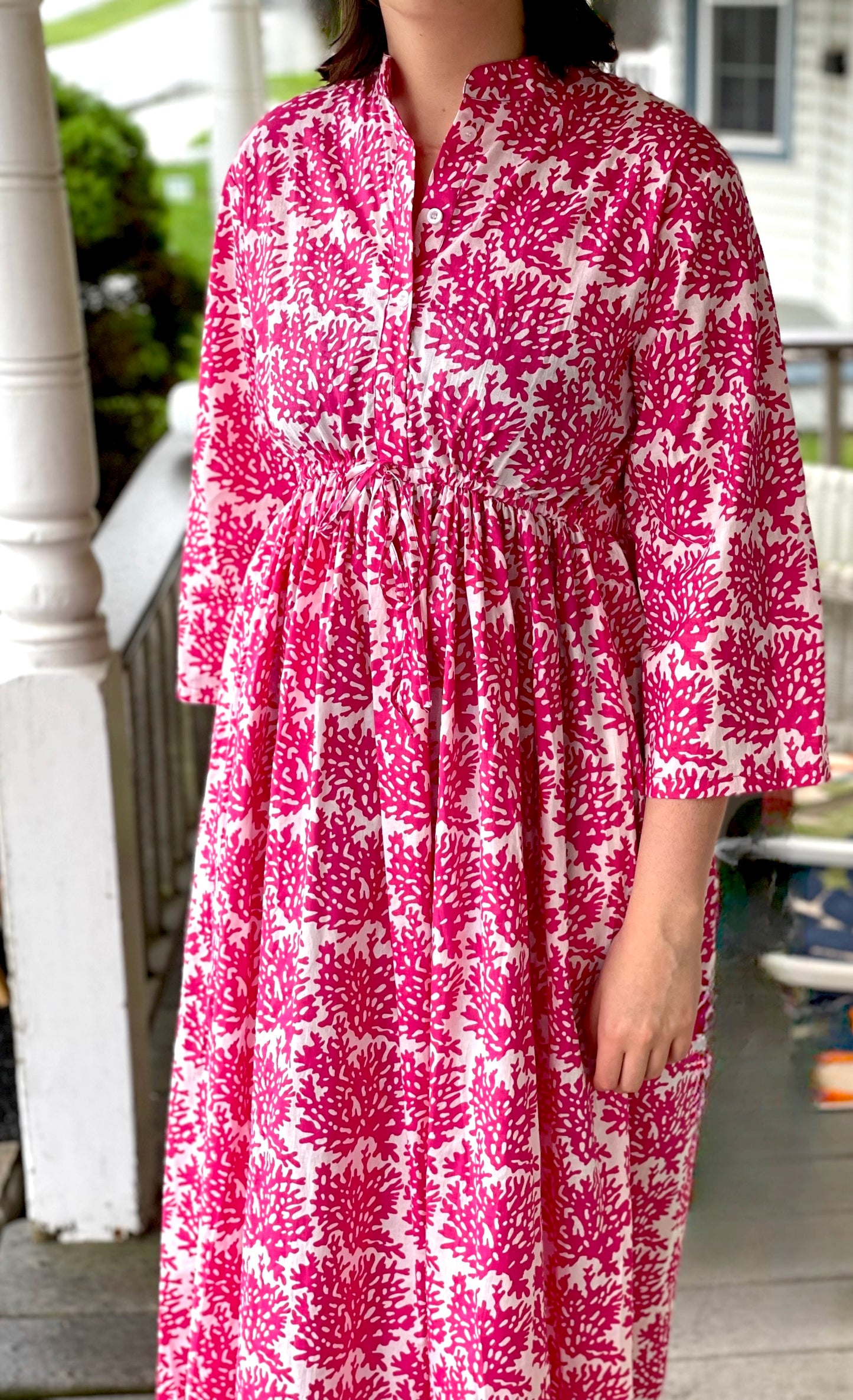 Signature Sandy Cinch Dress with 3/4 Sleeve in Pink Coral