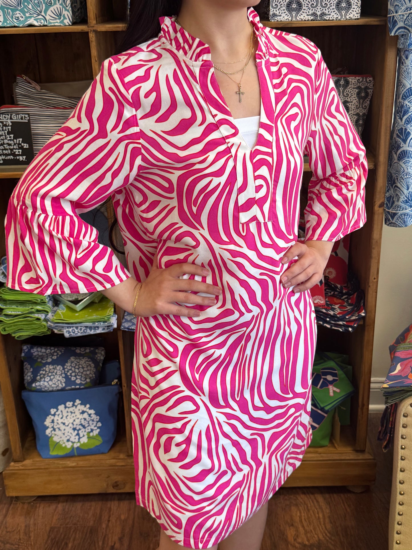 Pink Zebra Viscose Shift Dress with Bell Sleeve
