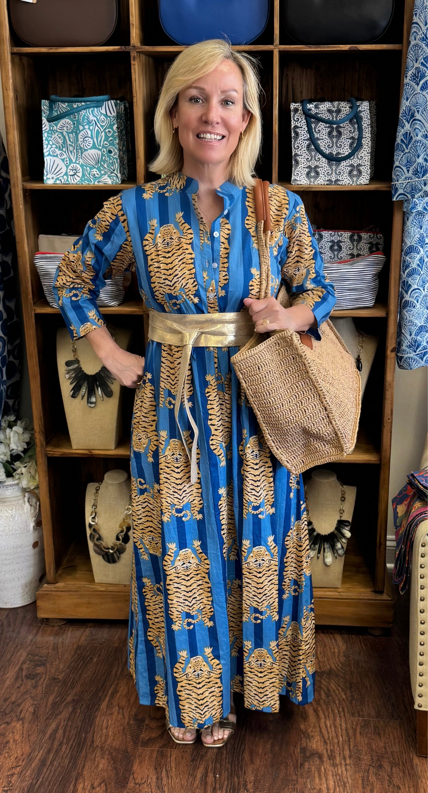 Sandy Cinch in Blue Stripes And Gold Tiger Hand Block Prints