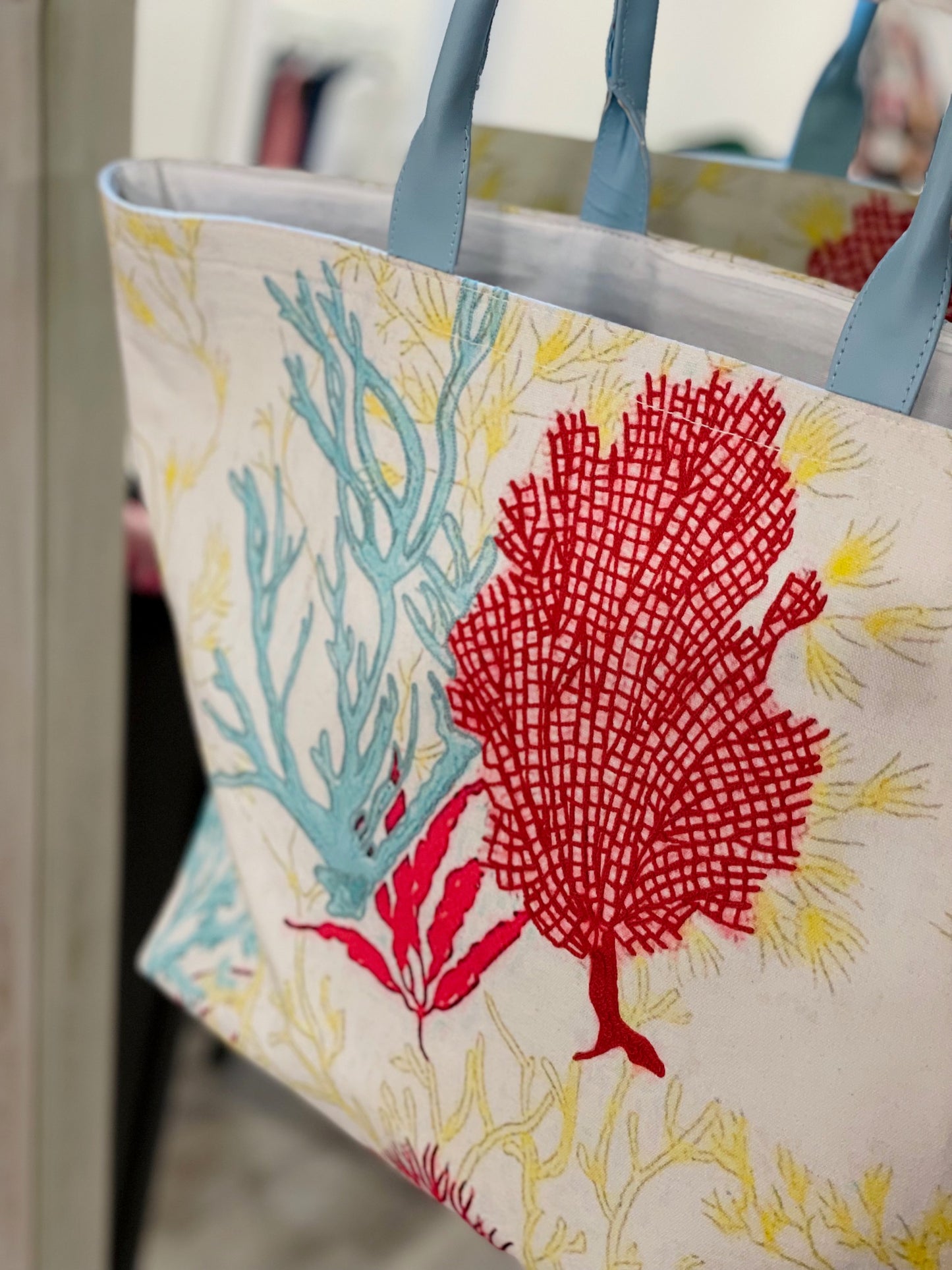Coral Embroidered Canvas Tote
