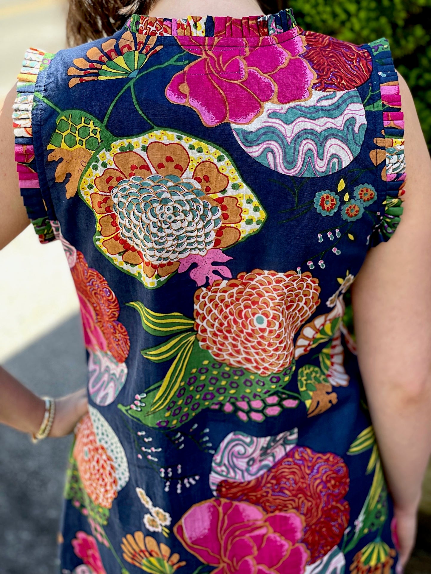 Sleeveless Charlotte Sheath Dress in a Bold Floral in Navy, Turquoise, Royal Pink, Red OR Green background