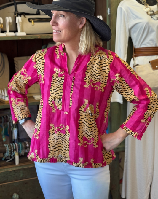 Signature Mb Tunic in Hot Pink Stripe with Tigers HandBlock Print