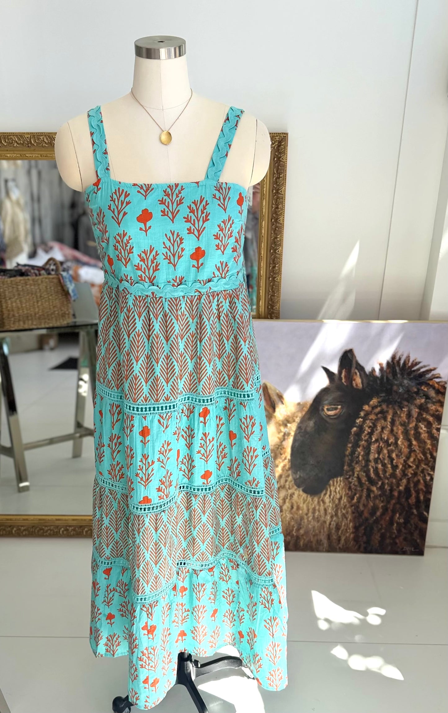 Piah Turquoise and Orange Tiered Sundress