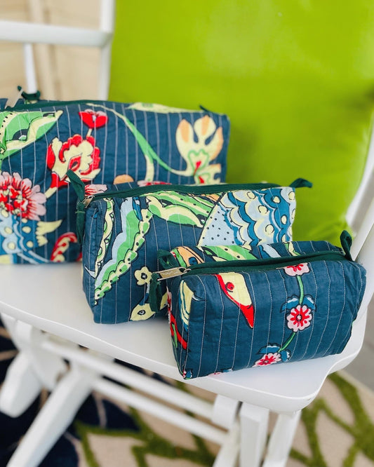 Set of 3 Hand Made Quilted Accessories Bags in Fabulous Bird Print