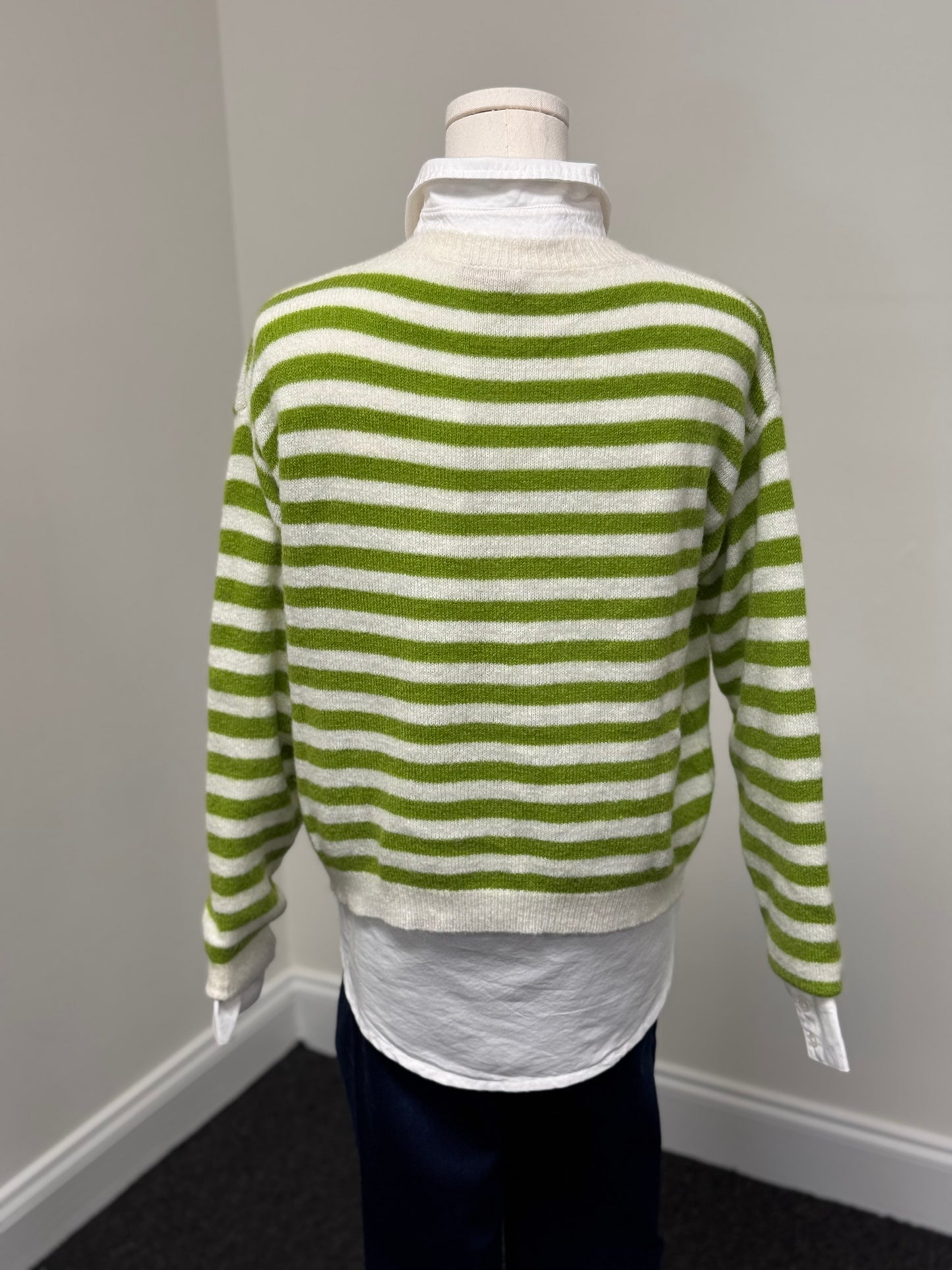 Super Kid Mohair Striped Crew Neck Short Sweater in Apple Green