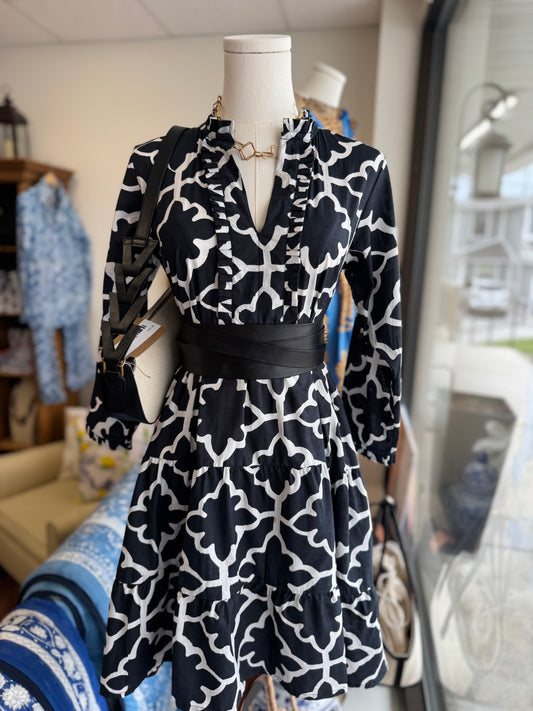 Charlotte Short Dress in Black & White Hand Block Print