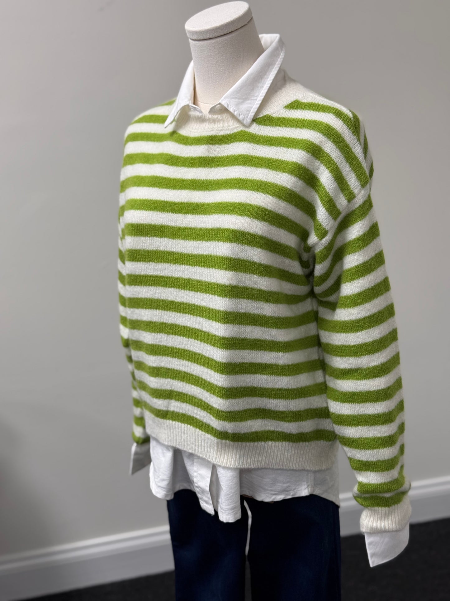 Super Kid Mohair Striped Crew Neck Short Sweater in Apple Green