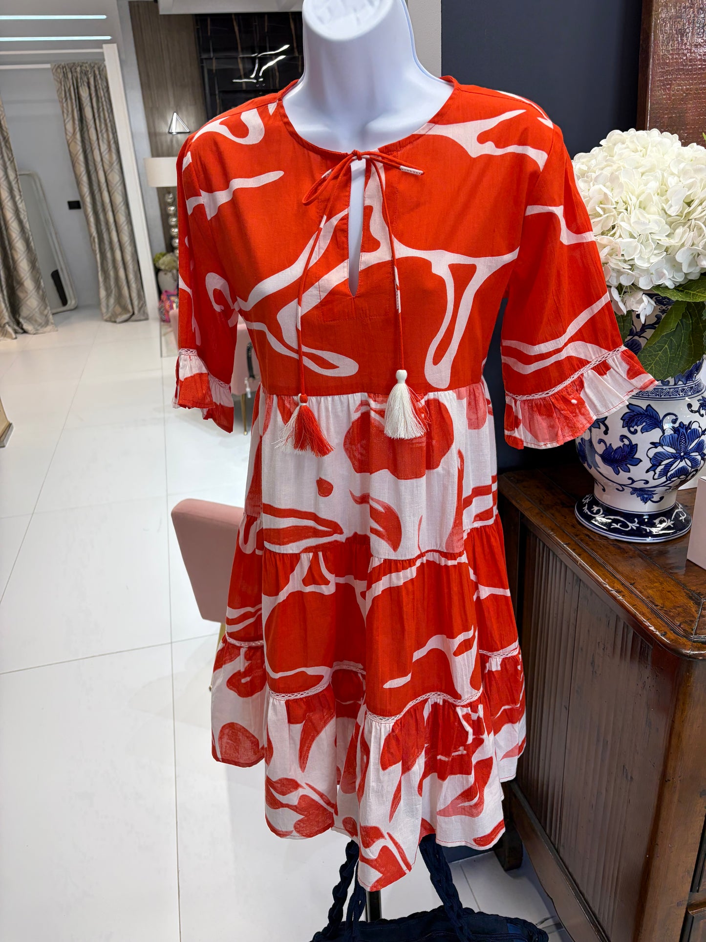 Zaya Dress in Orange and White