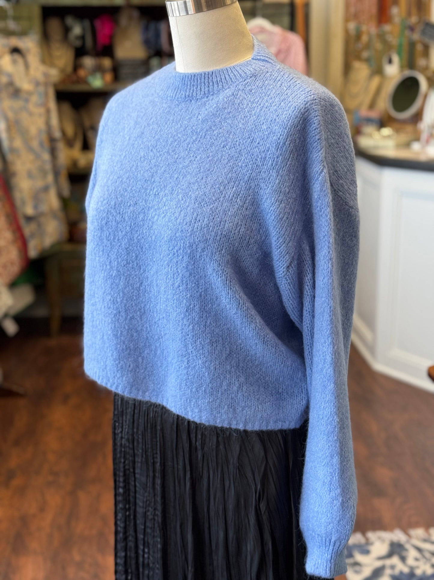 Cornflower Blue Crew Neck Kid Mohair & Wool Blend Short Sweater