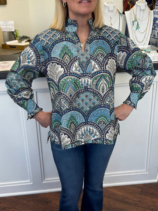MB Signature Tunic Long Sleeve in Blue Geometric Hand Block Print