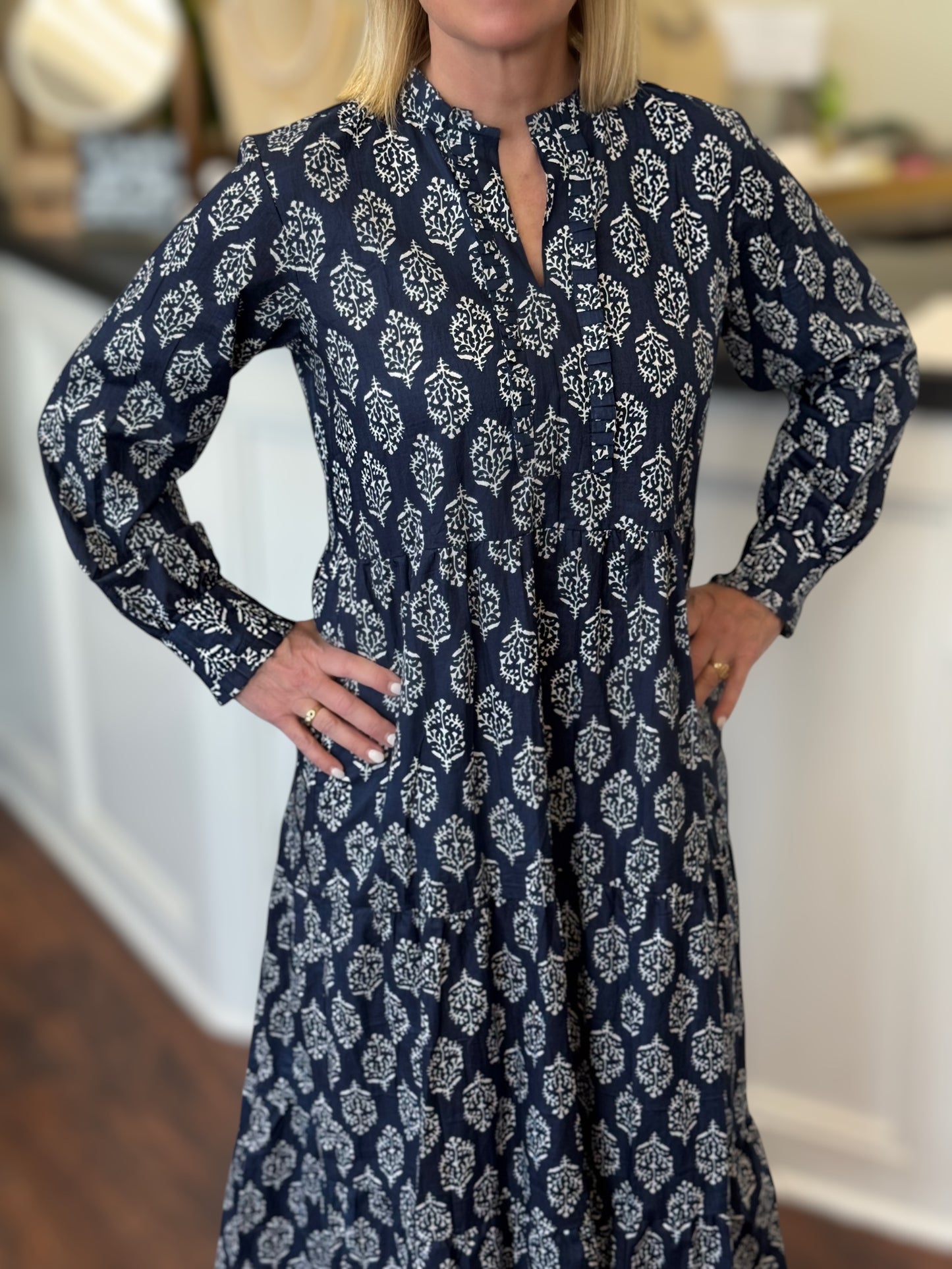 Charlotte Tiered Maxi Dress in Navy & White