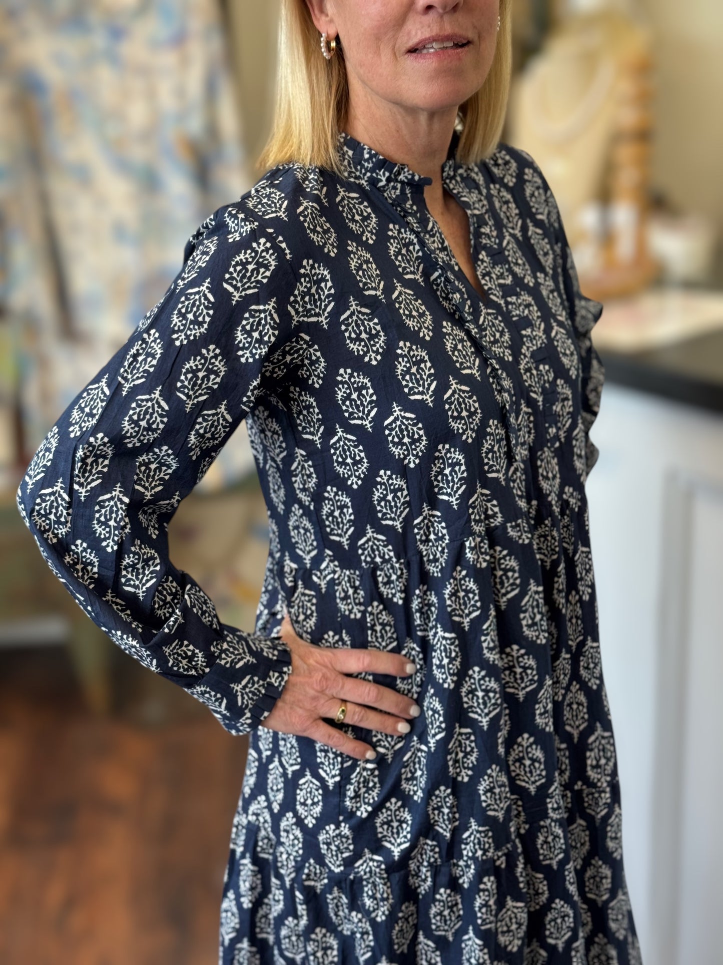 Charlotte Tiered Maxi Dress in Navy & White