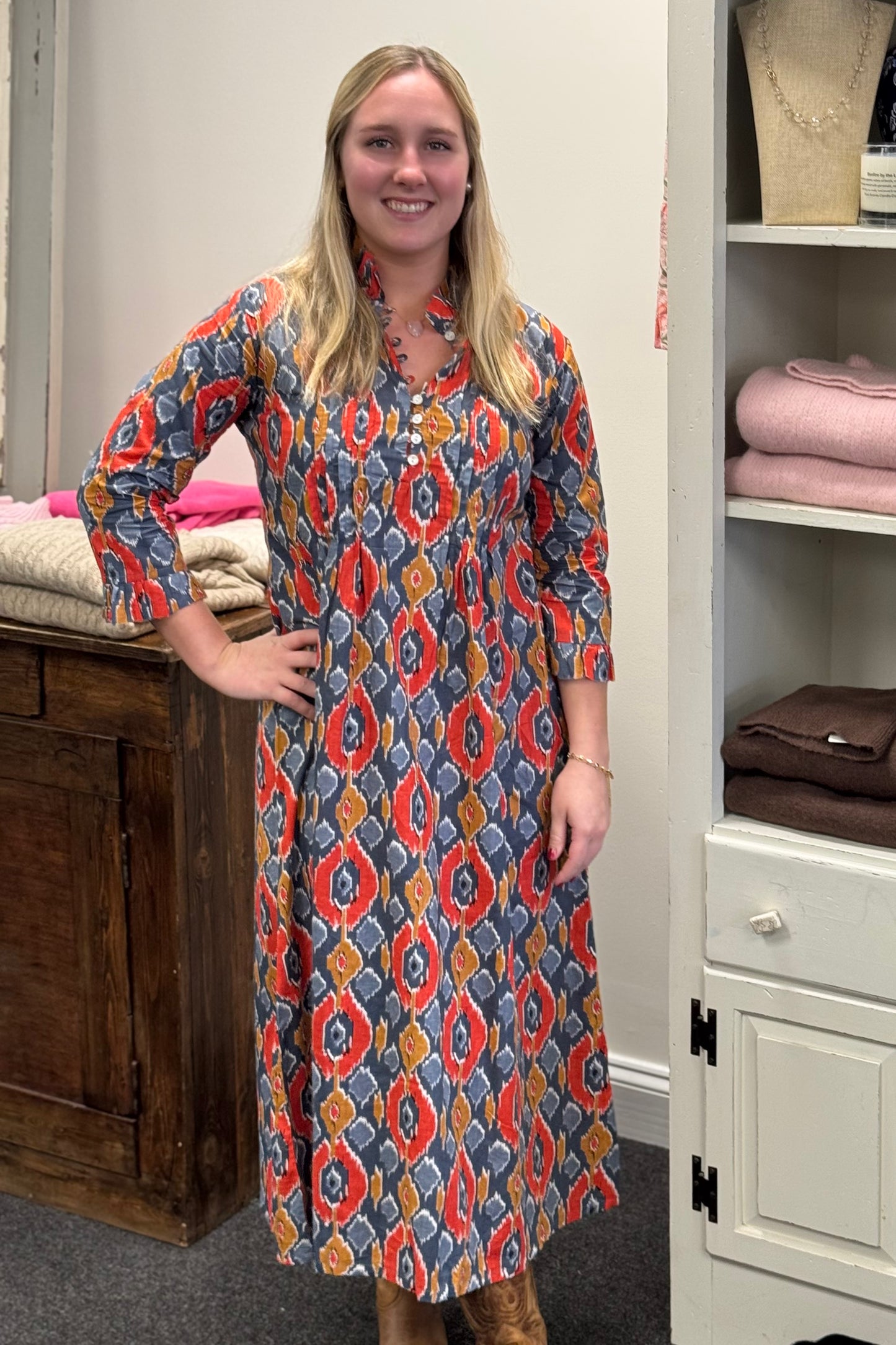 Courtney Boho Dress with Frayed Collar and Pleats in Warm Toned Ikat