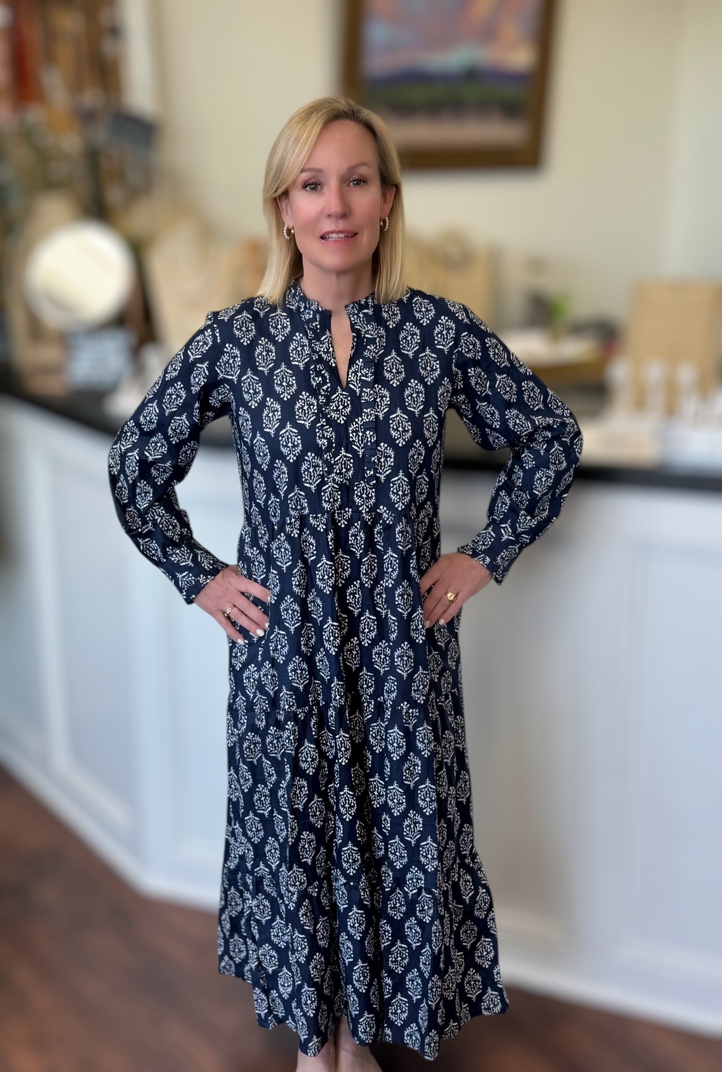 Charlotte Tiered Maxi Dress in Navy & White