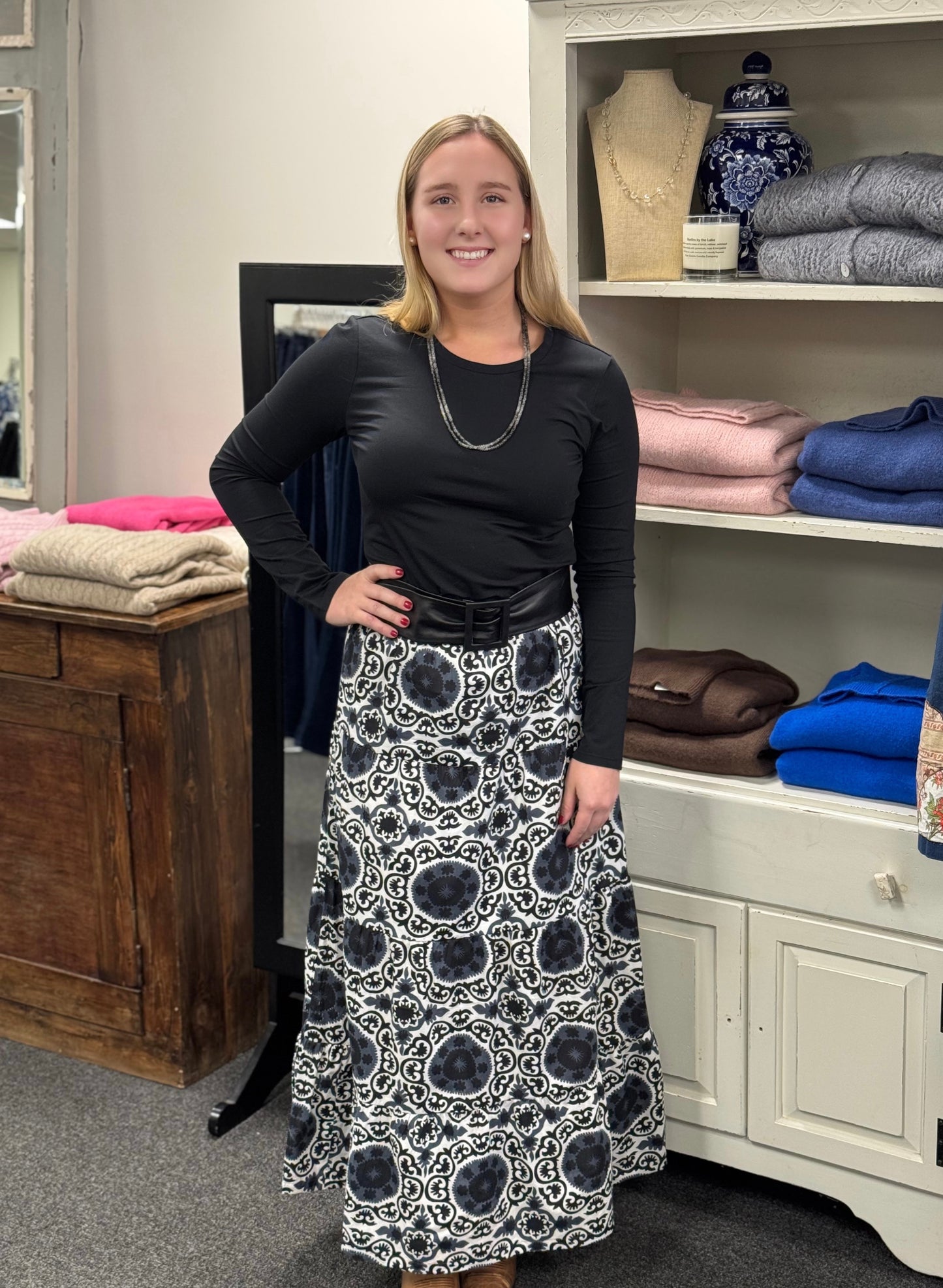 Black & White Boho Tiered Maxi Skirt with Lining