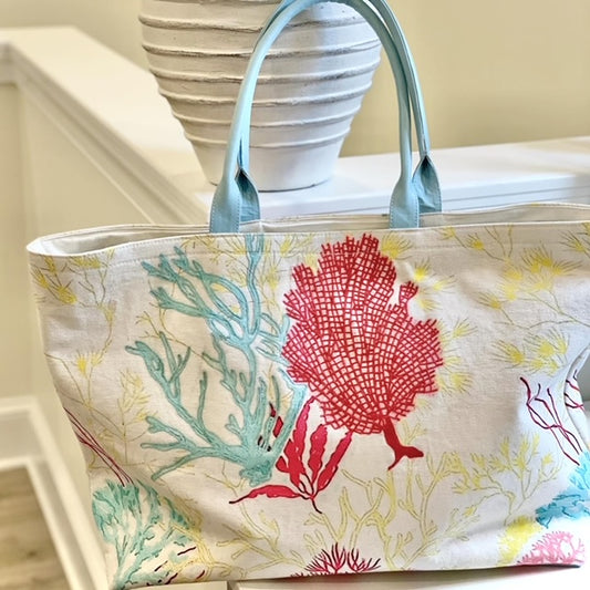 Coral Embroidered Canvas Tote