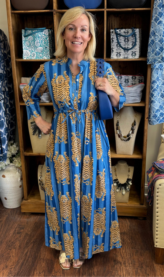 Sandy Cinch in Blue Stripes And Gold Tiger Hand Block Prints