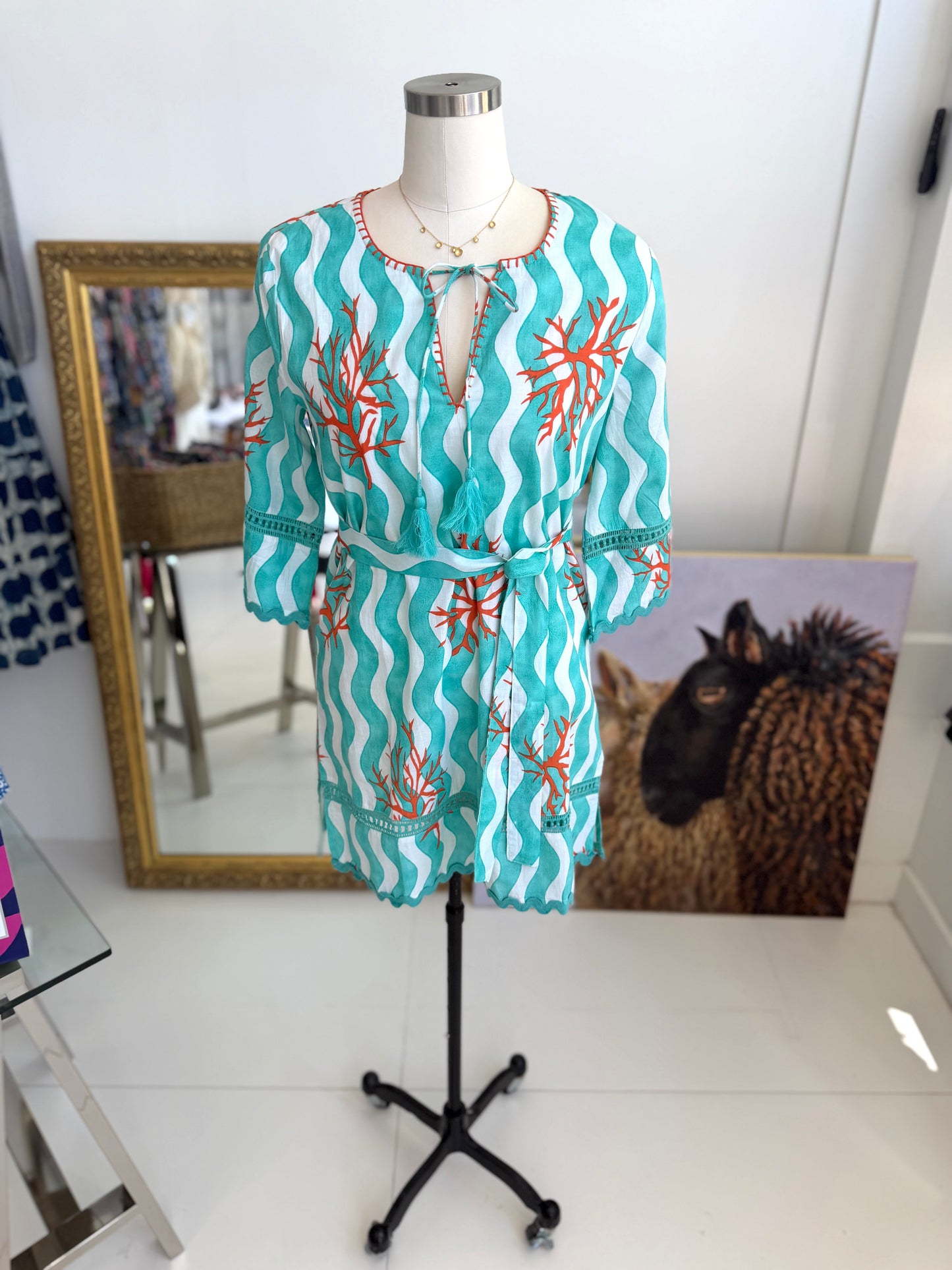 Essa Coral Sheath Dress with Stitching Details and Belt