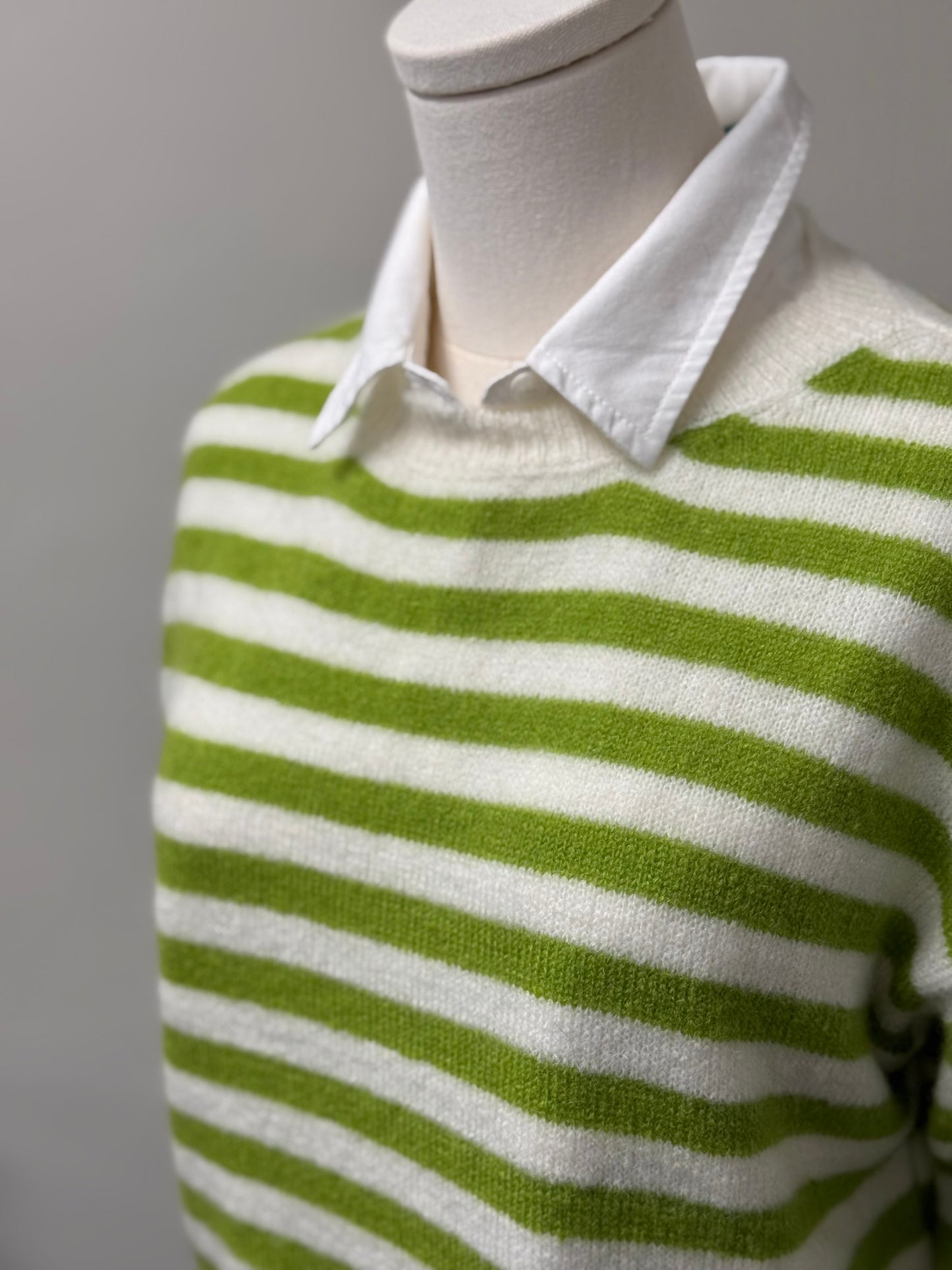 Super Kid Mohair Striped Crew Neck Short Sweater in Apple Green