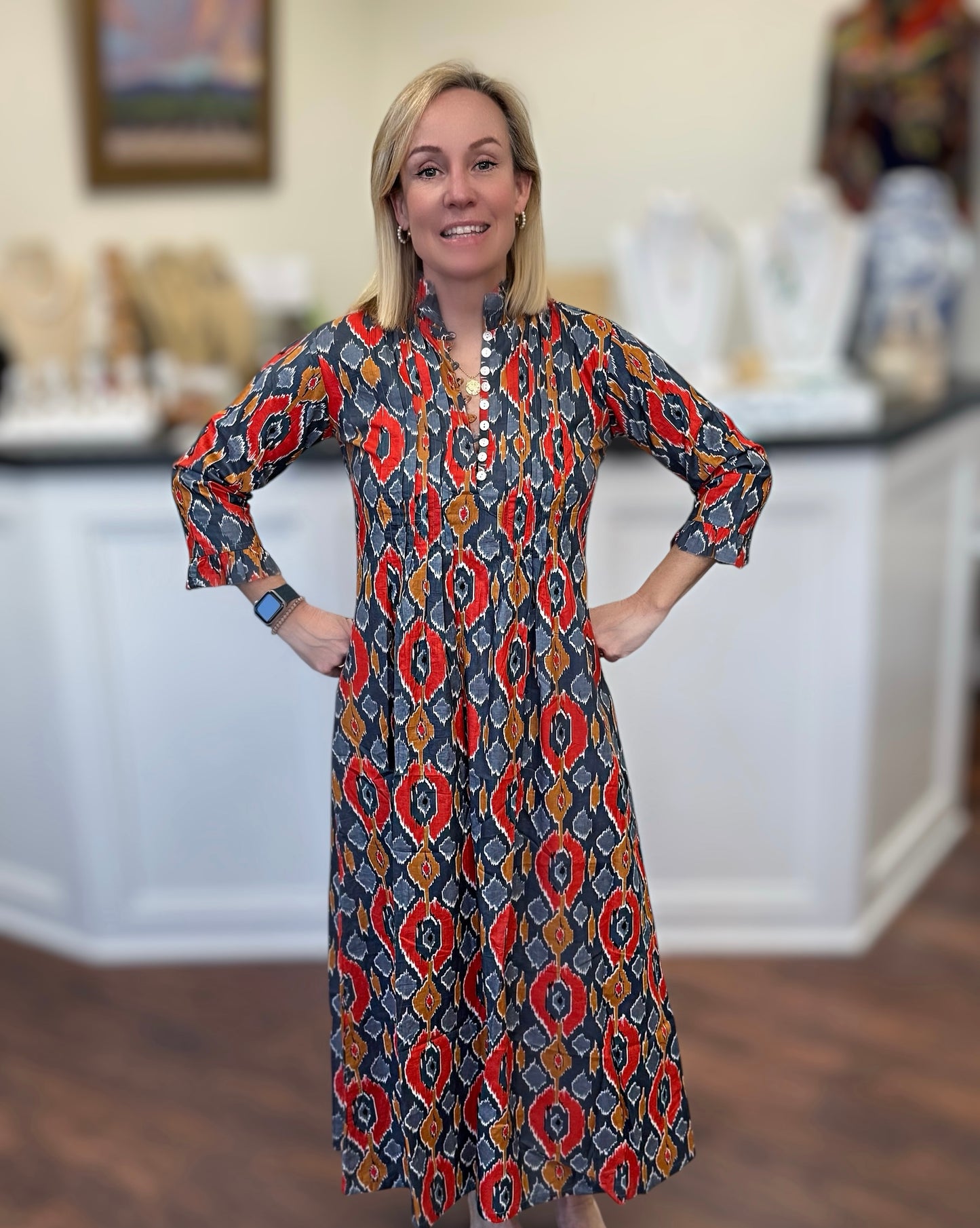 Courtney Boho Dress with Frayed Collar and Pleats in Warm Toned Ikat