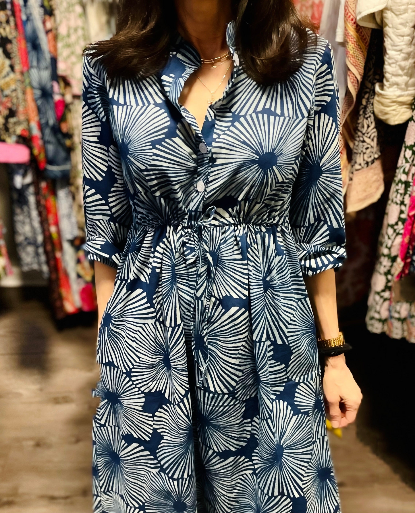 Sandy Cinch Waist Dress in Indigo Patterns