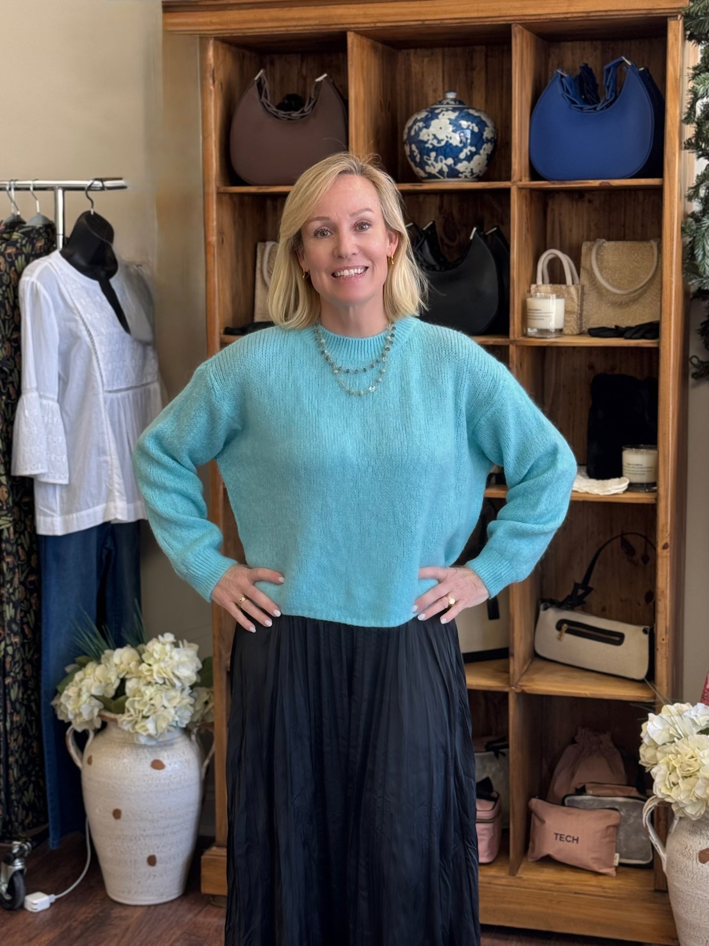 Aqua Crew Neck Kid Mohair & Wool Blend Short Sweater