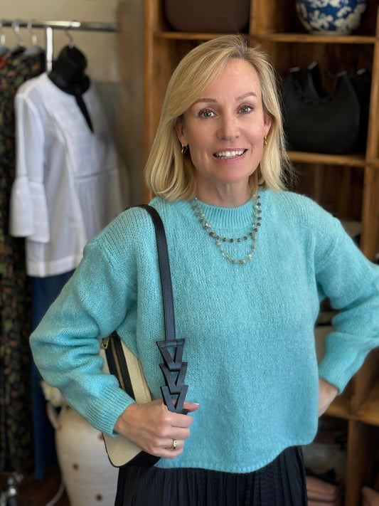 Aqua Crew Neck Kid Mohair & Wool Blend Short Sweater