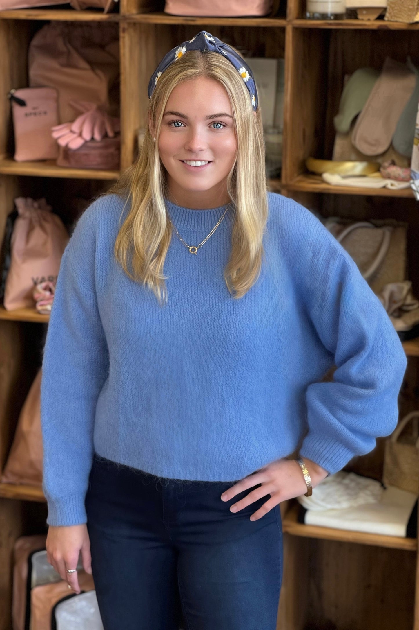 Cornflower Blue Crew Neck Kid Mohair & Wool Blend Short Sweater