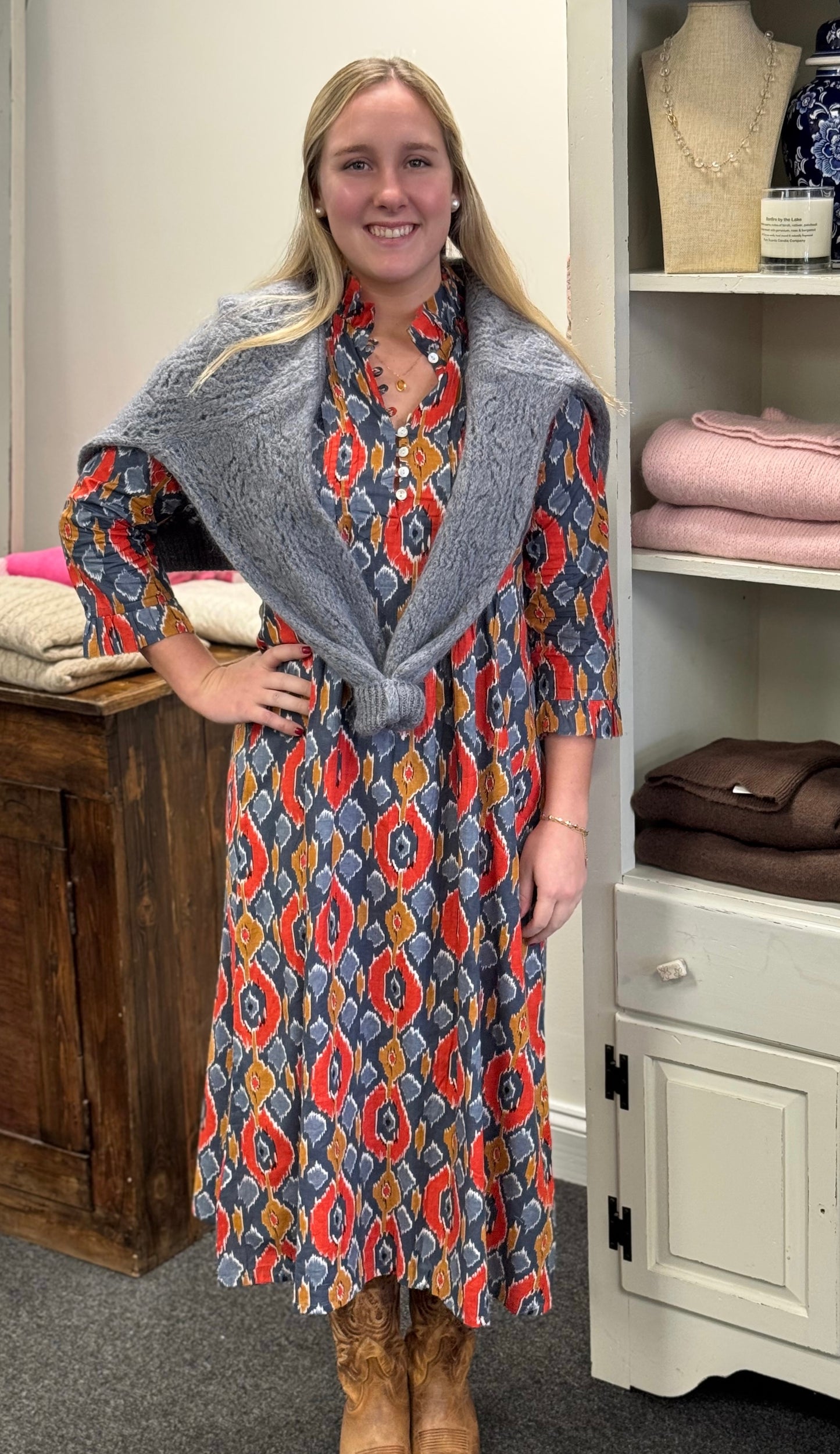 Courtney Boho Dress with Frayed Collar and Pleats in Warm Toned Ikat