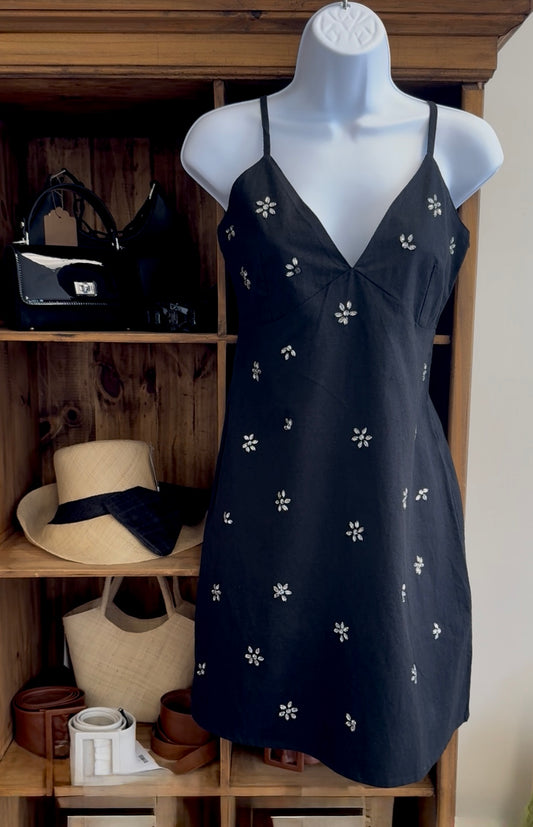 Jeweled Linen Strap Cocktail Dress in Black OR White