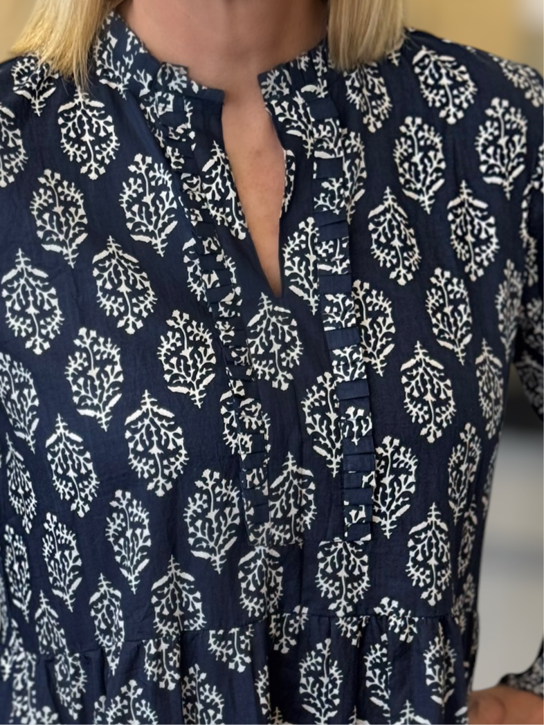 Charlotte Tiered Maxi Dress in Navy & White